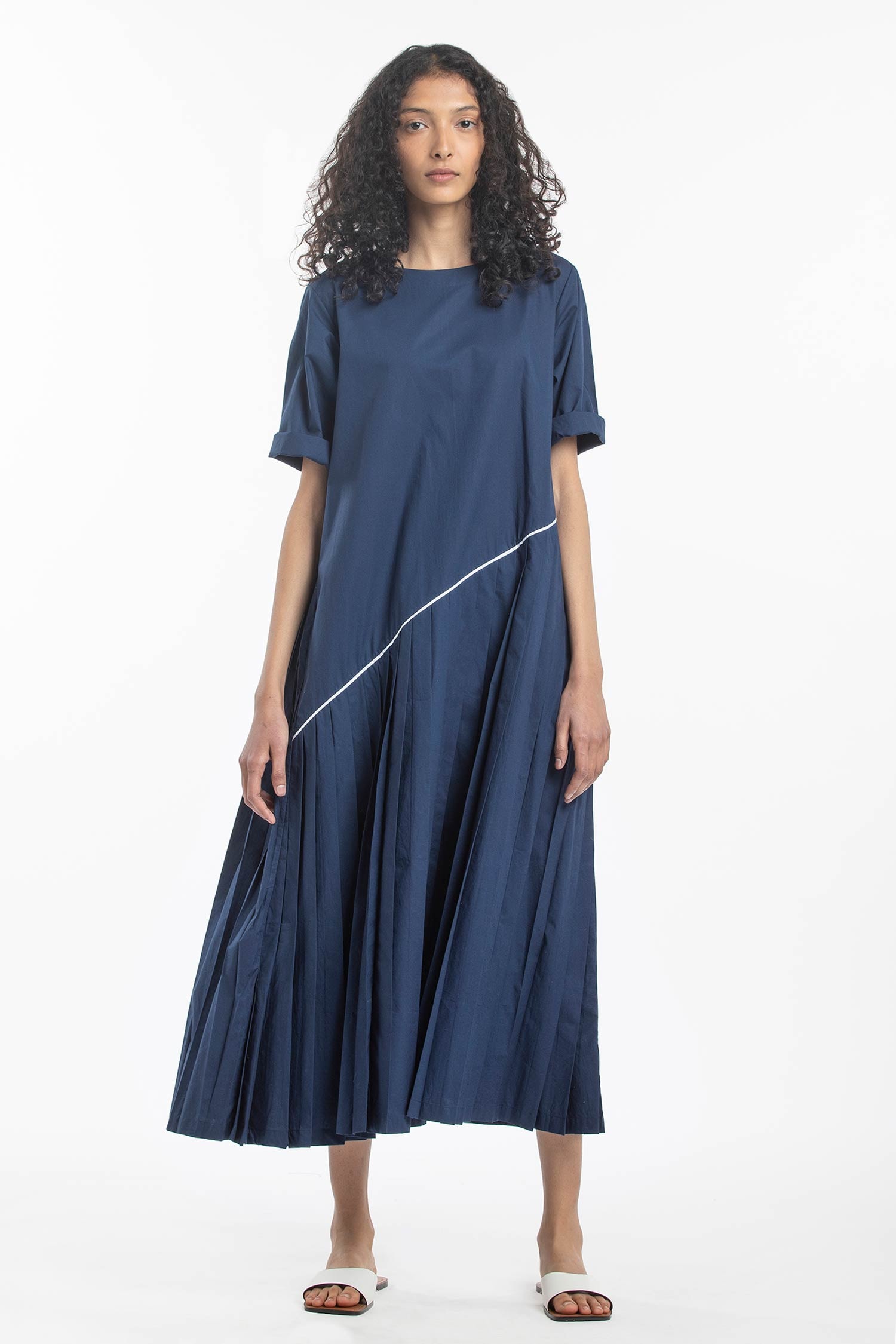 Buy Three Blue Pleated Cotton Dress Online | Aza Fashions
