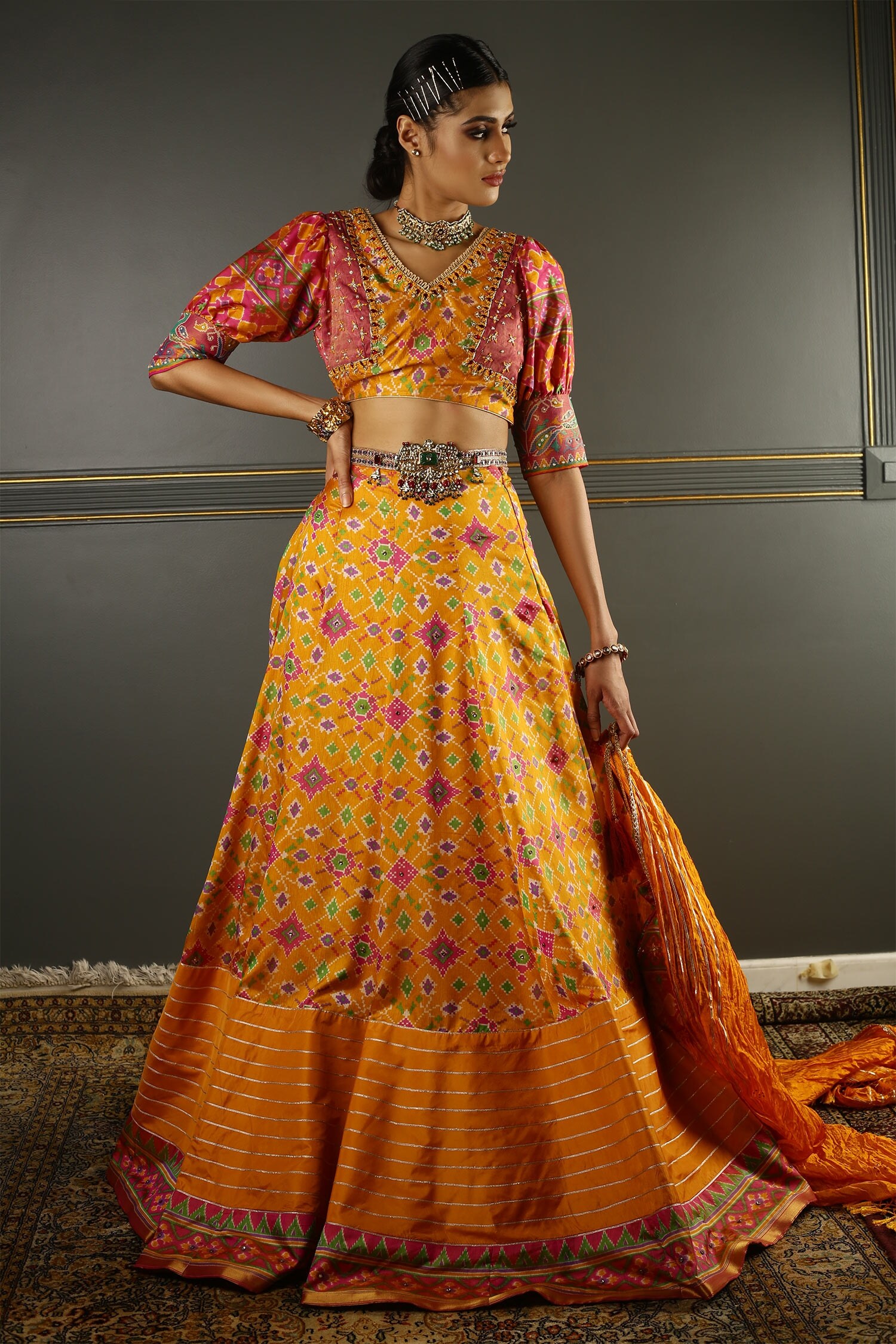 Buy Yellow Pure Silk Embroidered Mirror V Neck Handwoven Lehenga Set