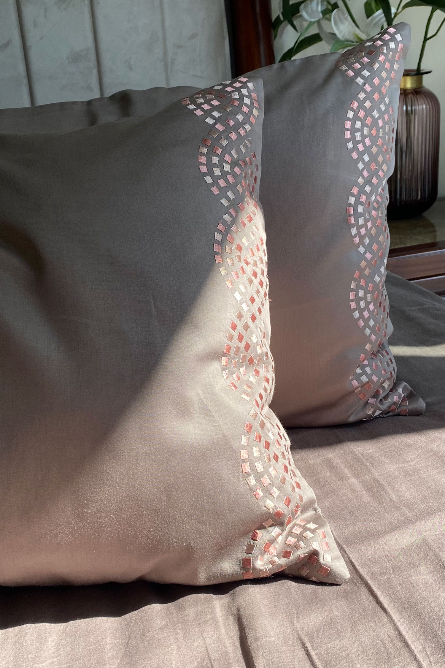 Buy Grey Embroidery Cotton Bedsheet With Pillow Covers by Sadyaska