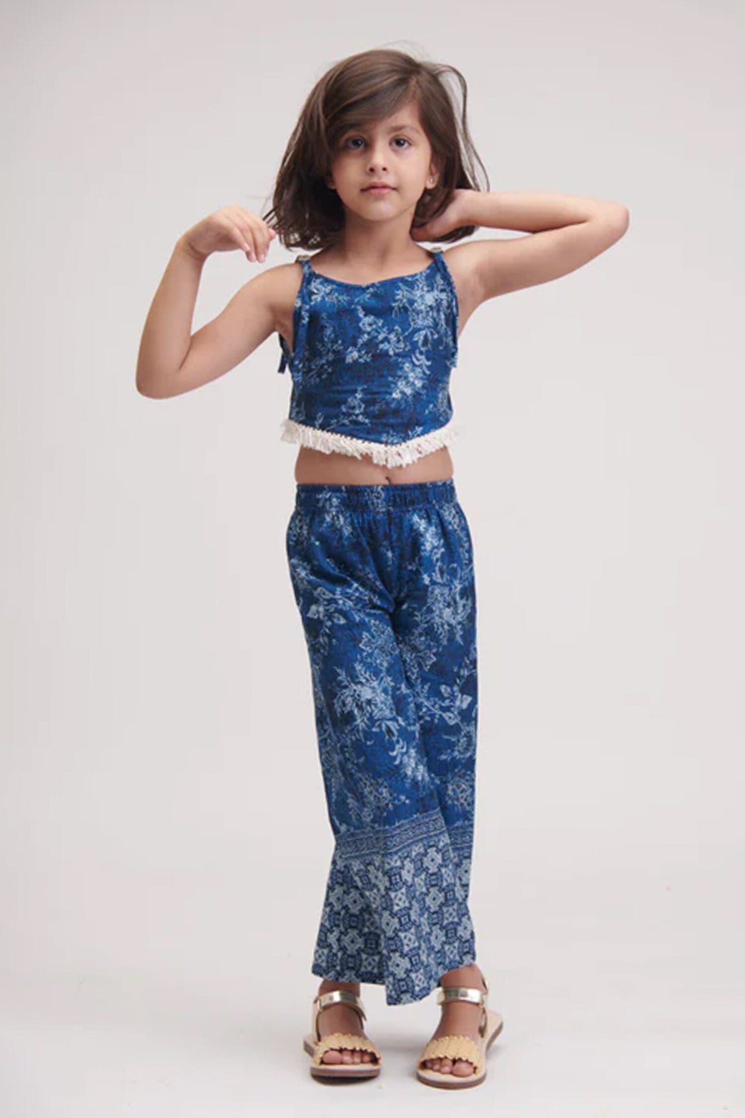 Buy Blue Cotton Blend Printed Floral Denim Dazzle Top And Palazzo Set For  Girls by LittleCheer Online at Aza Fashions.