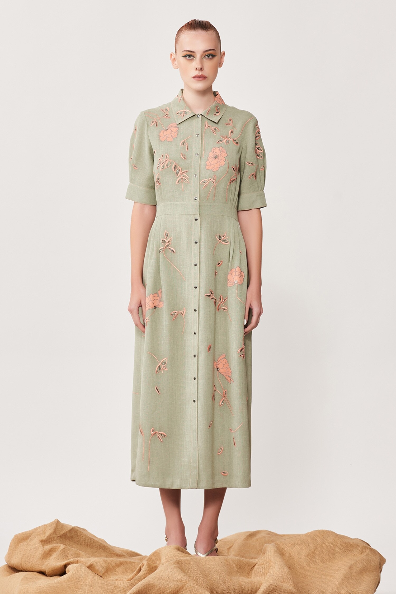 Buy Shahin Mannan Green Hopsack Abstract Rose Embroidered Shirt Dress