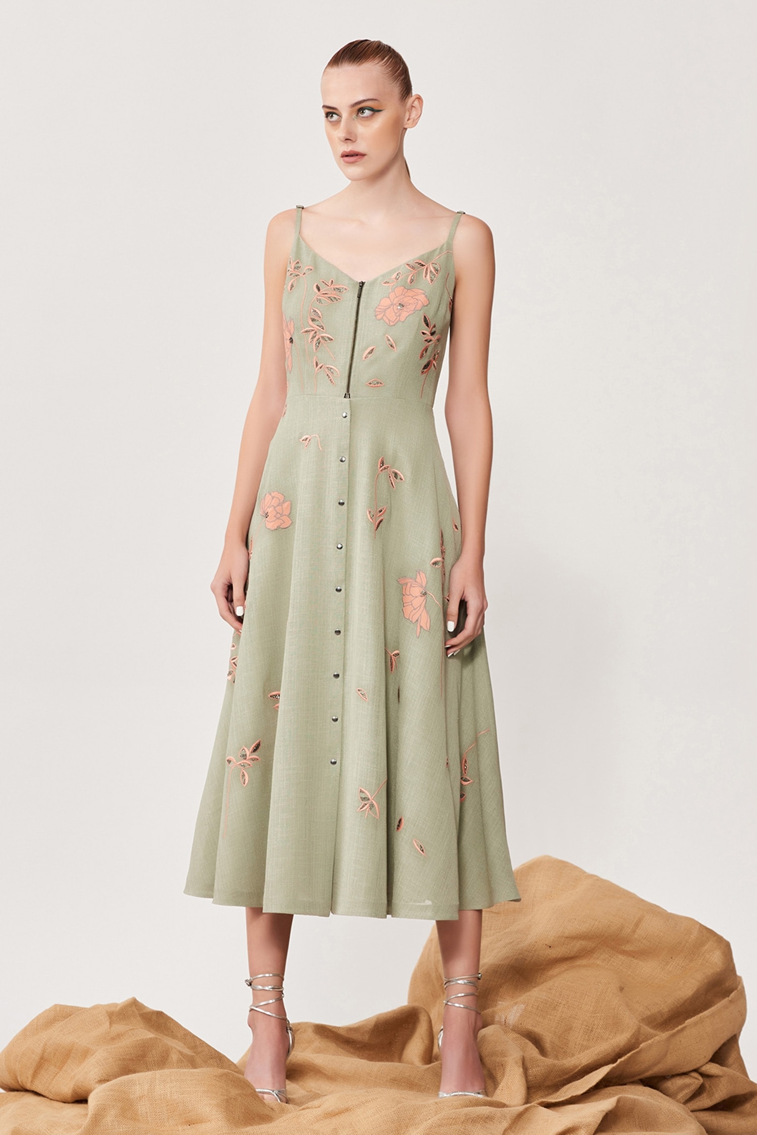 Buy Green Hopsack Embroidered Thread Work Straight Abstract Rose Dress