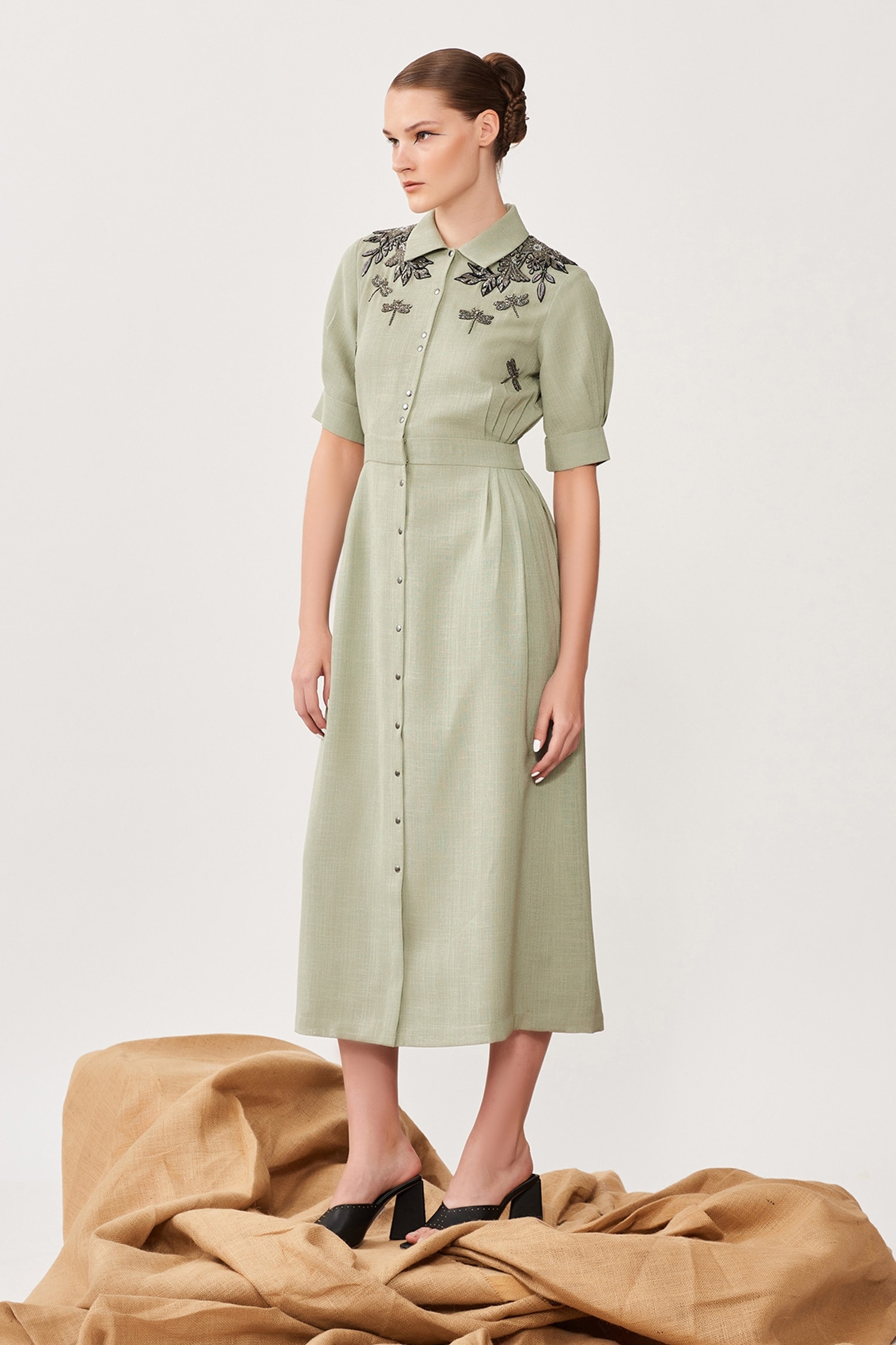 Buy Shahin Mannan Green Hopsack Dragonfly Embroidered Shoulder Dress