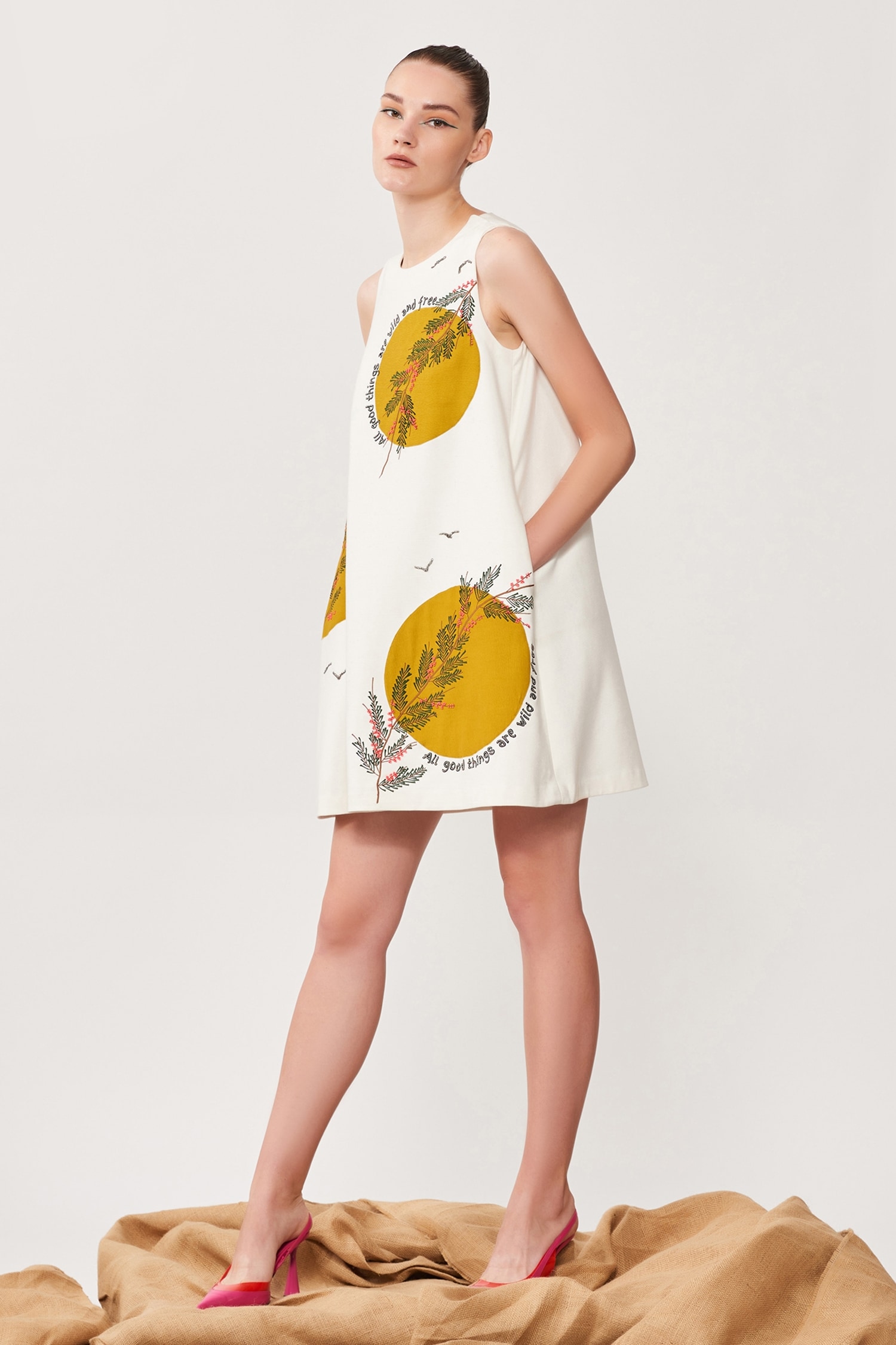 Shahin Mannan White Broadcloth Moon Branch Embroidered Dress