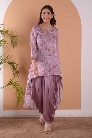 Purple Big Floral Yoke Kurta and Pant Set