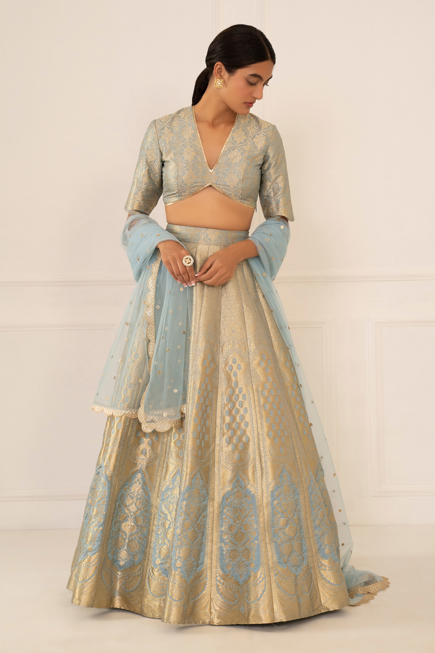 Buy Studio Iris India Blue Silk Banarasi Lehenga Set Online | Aza Fashions