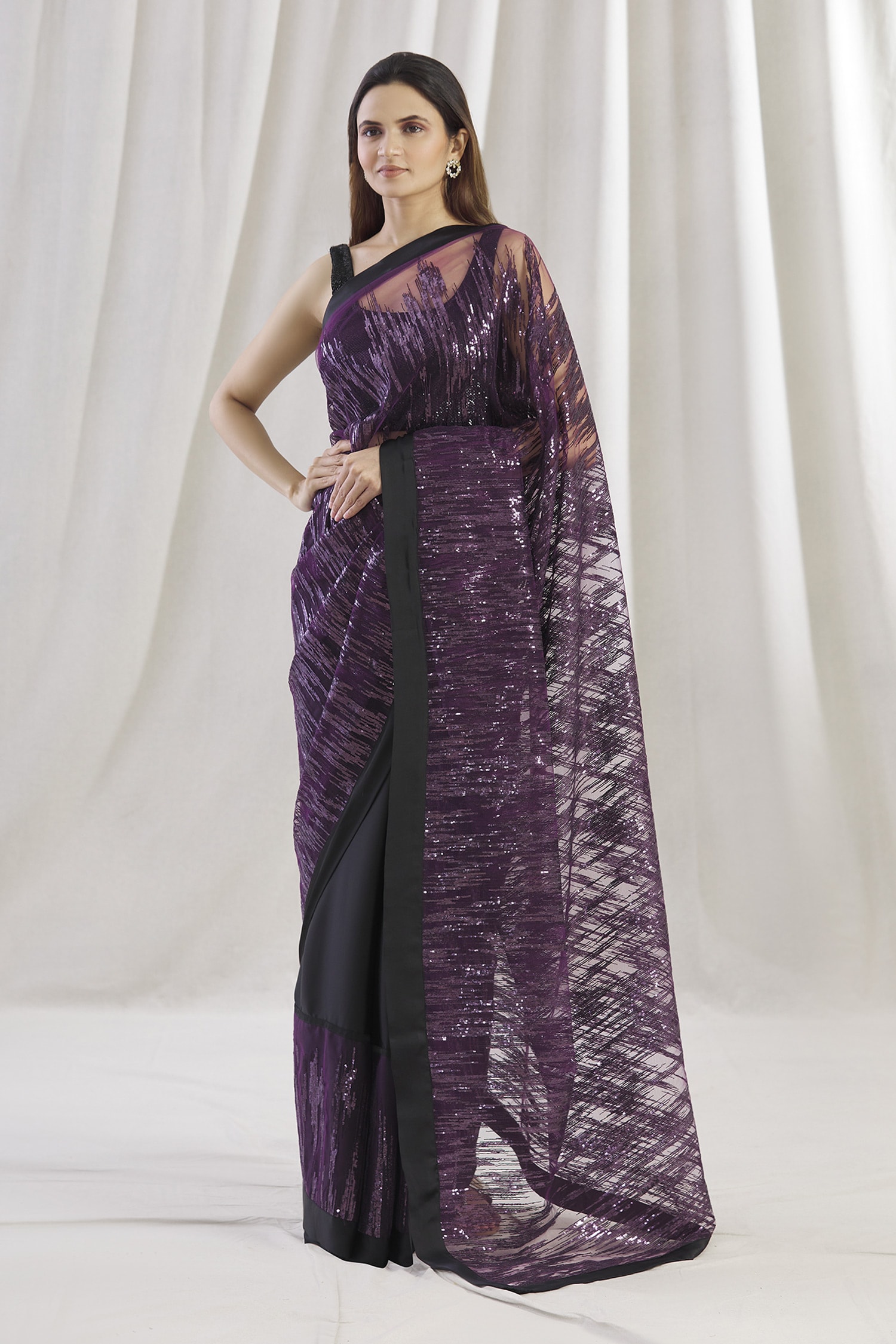 Buy Kommal Sood Purple Net Sequin Embroidered Saree Online | Aza Fashions