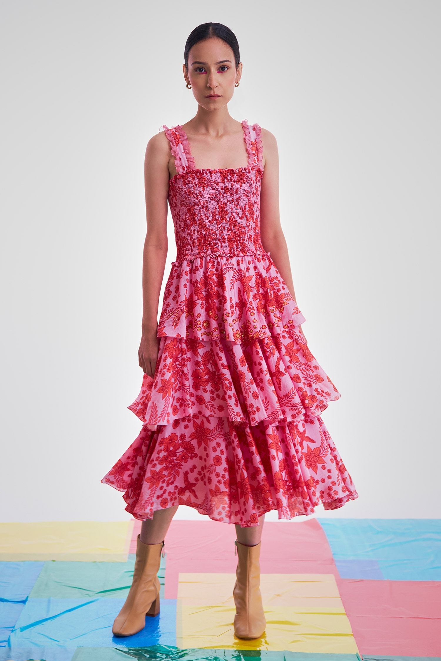 Buy Interpret Pink Cotton Silk Sara Printed Midi Dress Online Aza