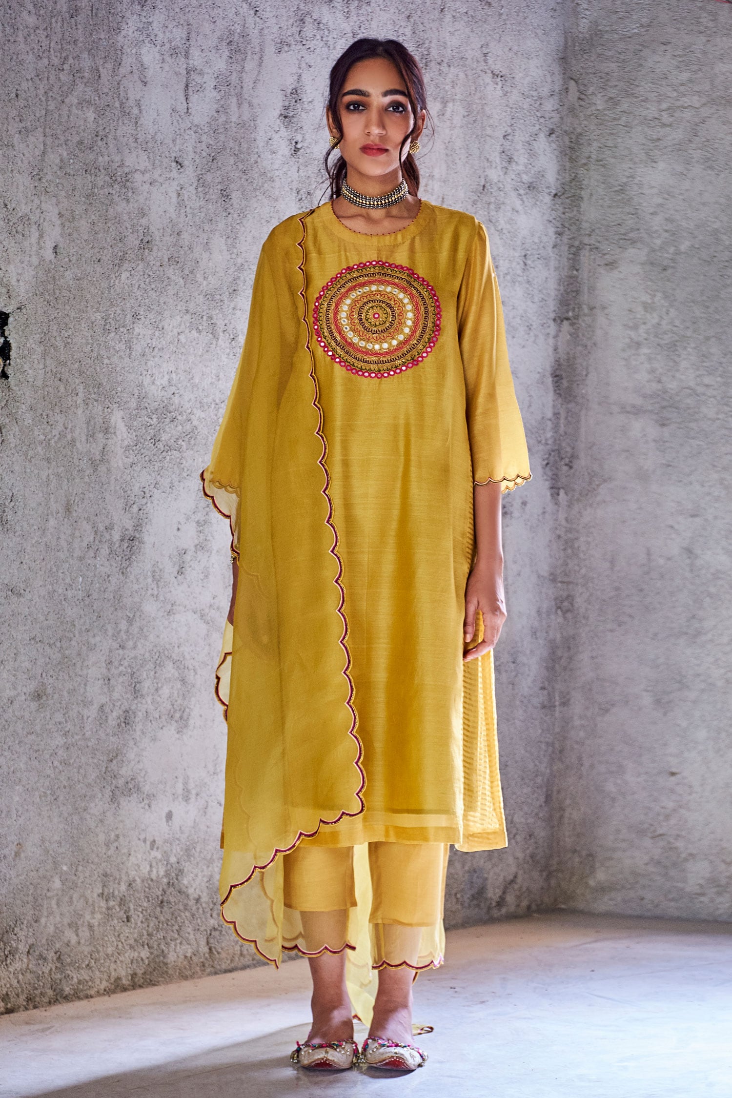 Buy Shivani Bhargava Yellow Embroidered Chanderi Kurta Online | Aza ...