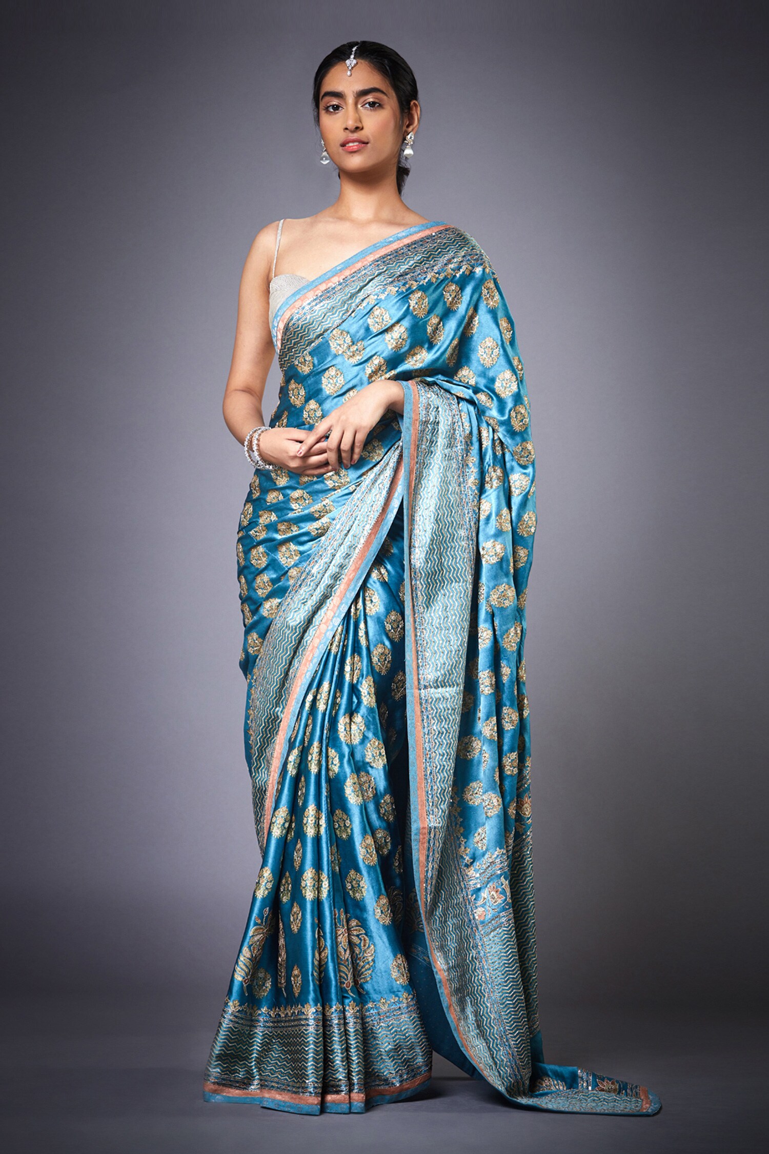 Buy RI.Ritu Kumar Blue Jasmine Print Embroidered Saree With Unstitched ...