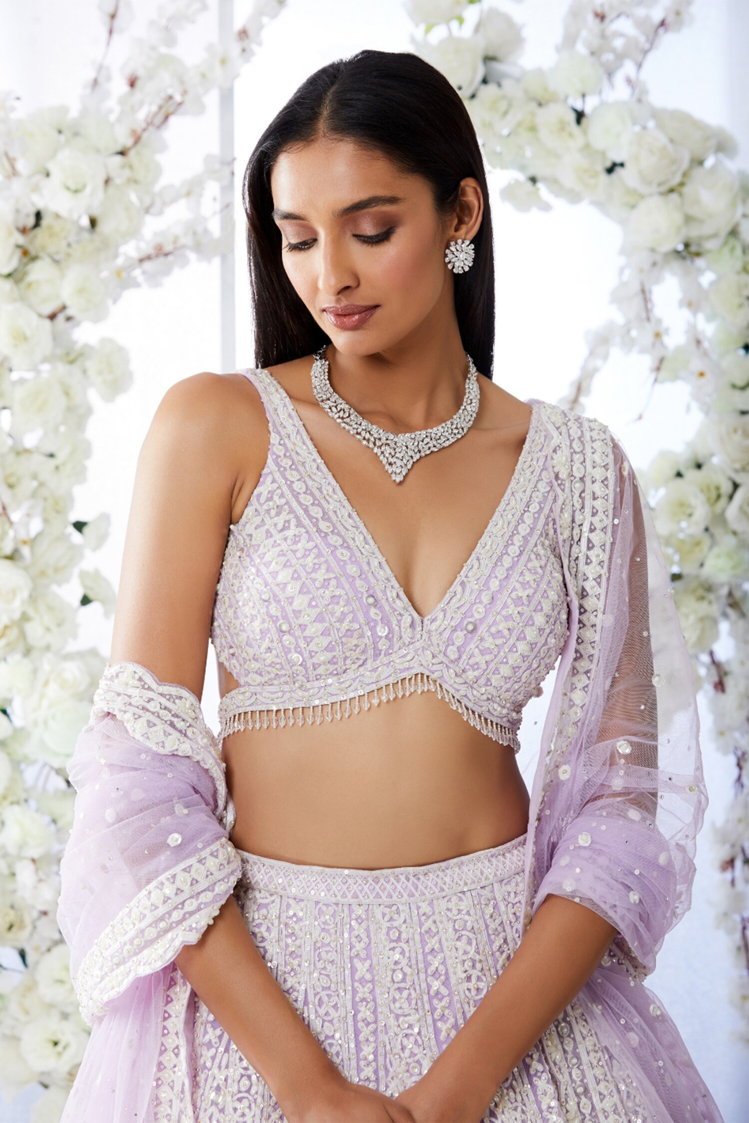 Seema Gujral_Purple Net Floral Embroidered Lehenga Set_at_Aza_Fashions