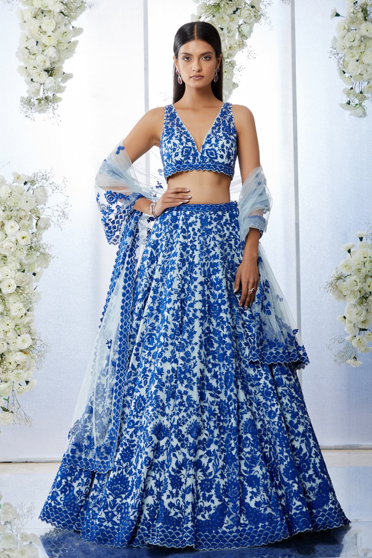 Buy Blue Net Embroidered Floral V Neck Bridal Lehenga Set For Women by ...