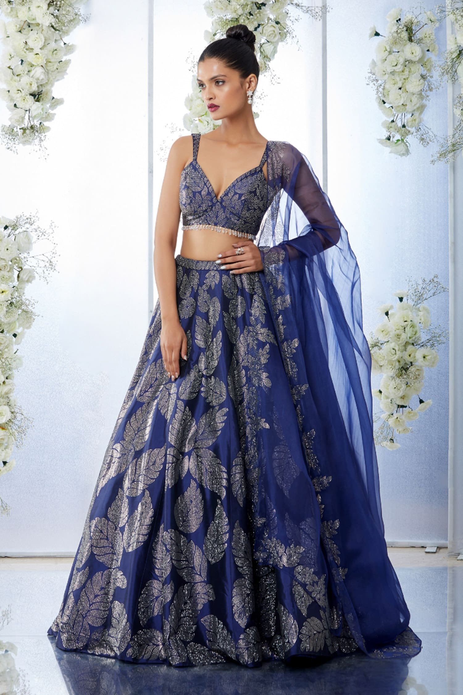 Buy Blue Silk Embroidered Floral V Neck Lehenga Set For Women by Seema ...