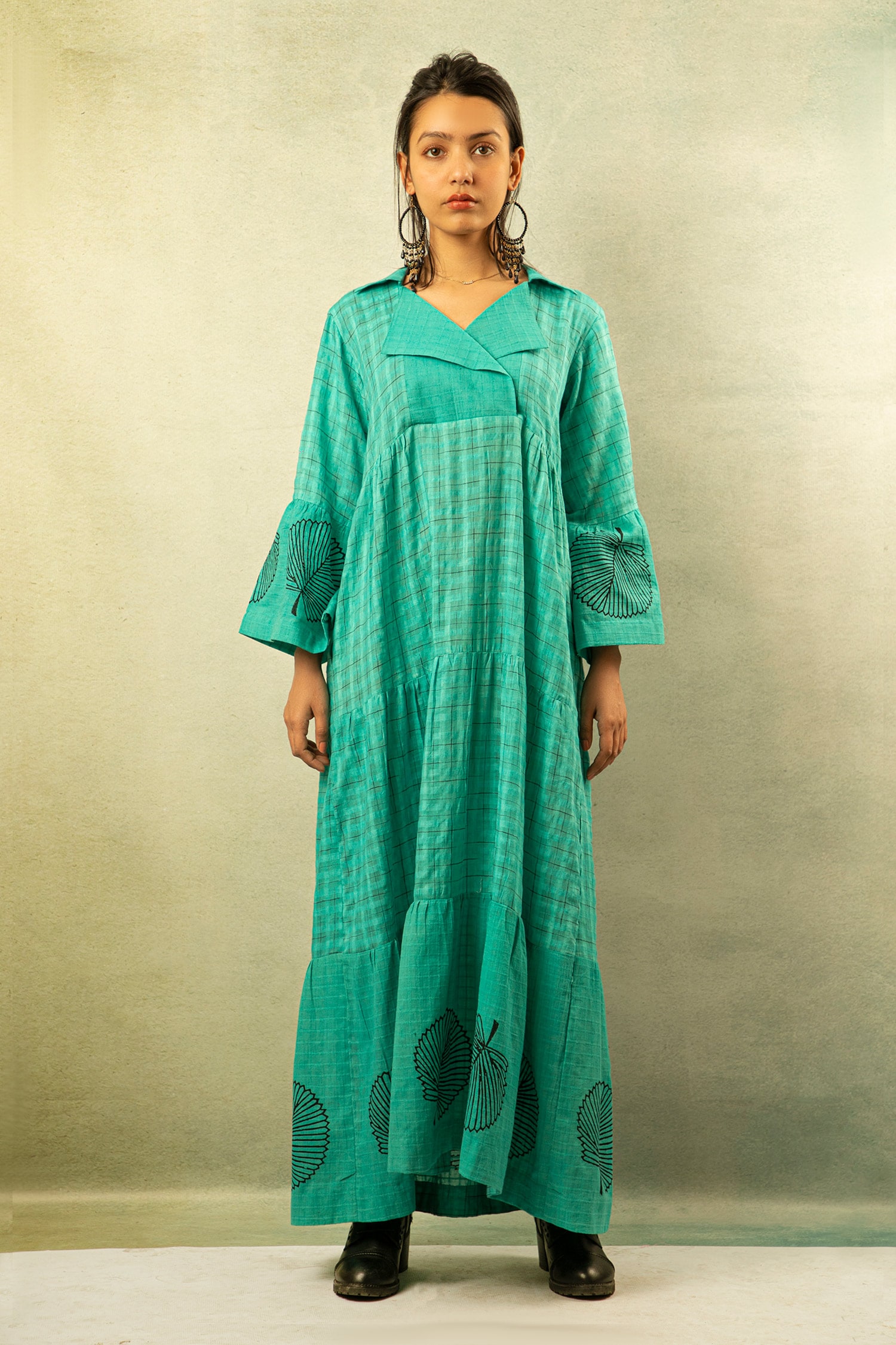 Buy Green Handwoven Cotton Silk V Neck Printed Maxi Dress For Women by ...