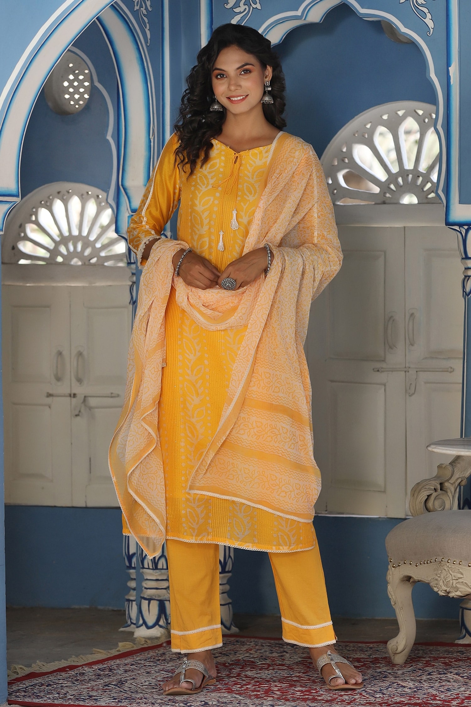 Buy Yellow Cotton Printed Leaf Round Kurta Pant Set For Women by ...