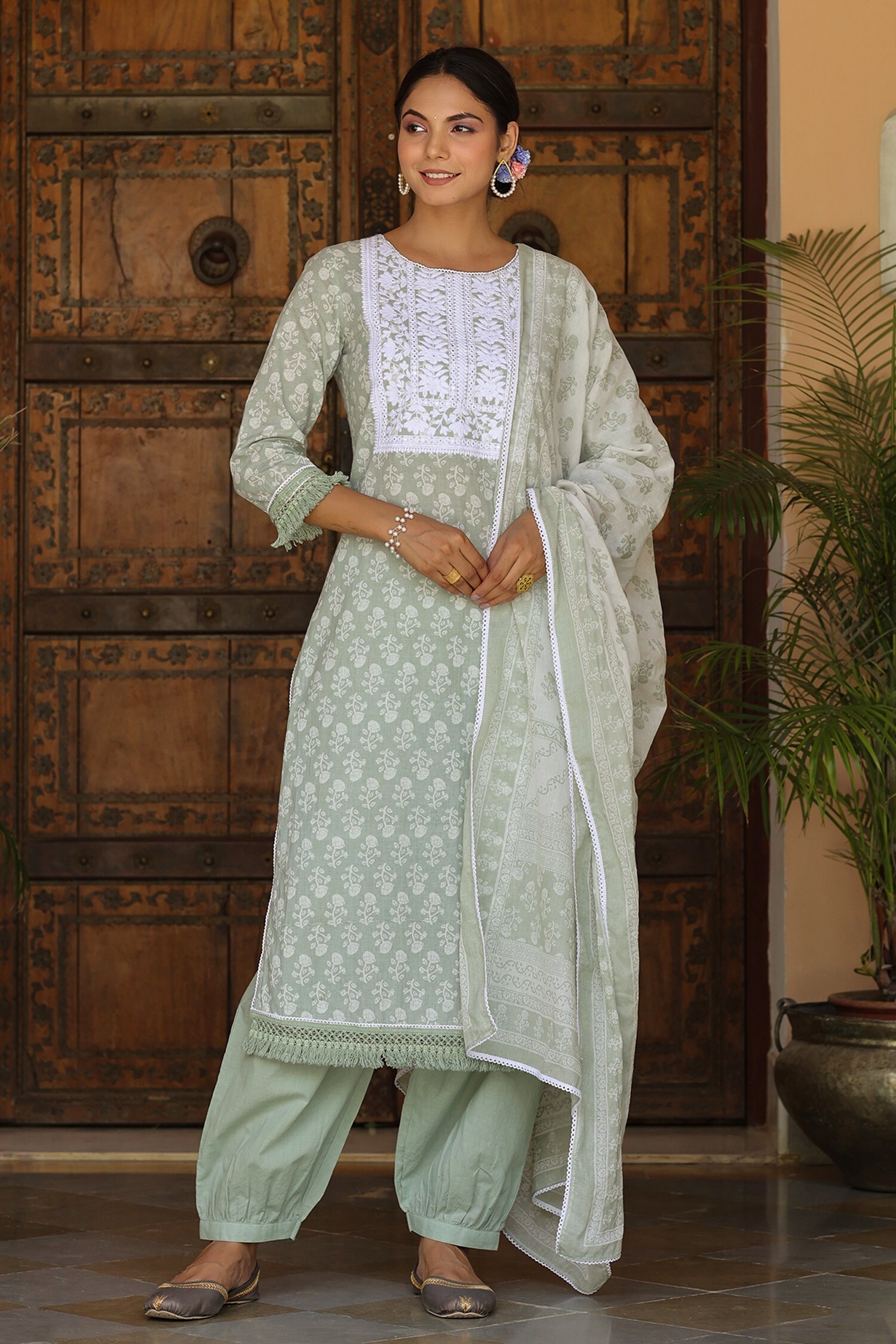 Buy Green Cotton Printed Floral Round Kurta Palazzo Set For Women by Bairaas Online at Aza Fashions.