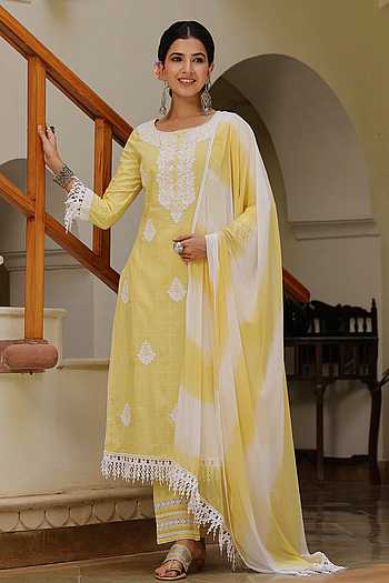 Yellow Cotton Floral Kurta Pant Set | Comfortable Wear | For Women
