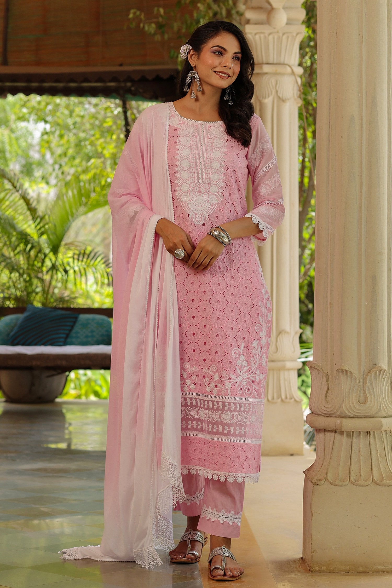 Buy Pink Cotton Embroidered Schiffli Round Kurta Set For Women By Bairaas Online At Aza Fashions 