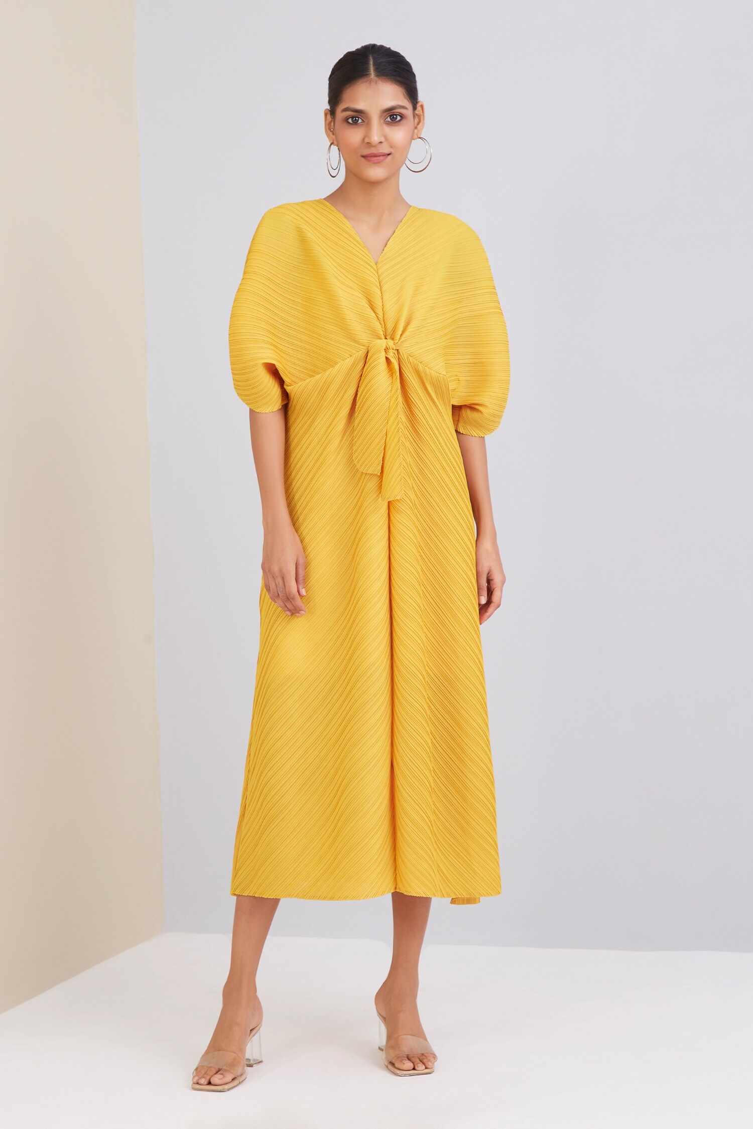 Buy Scarlet Sage Yellow Mia Pleated Dress Online | Aza Fashions