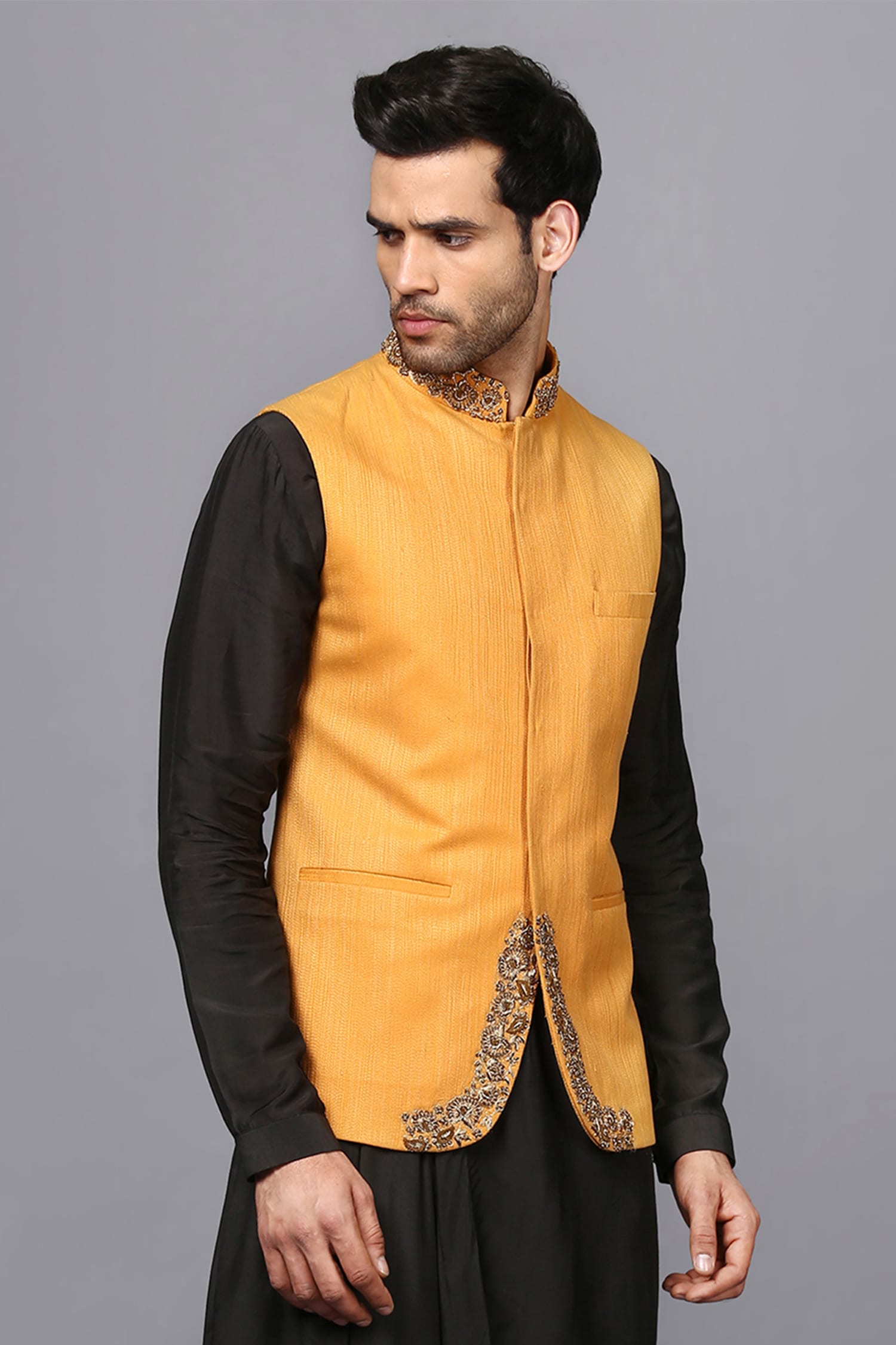 Buy Yellow Jaquard Banarasi Silk Nehru Jacket (NMK-6907) Online