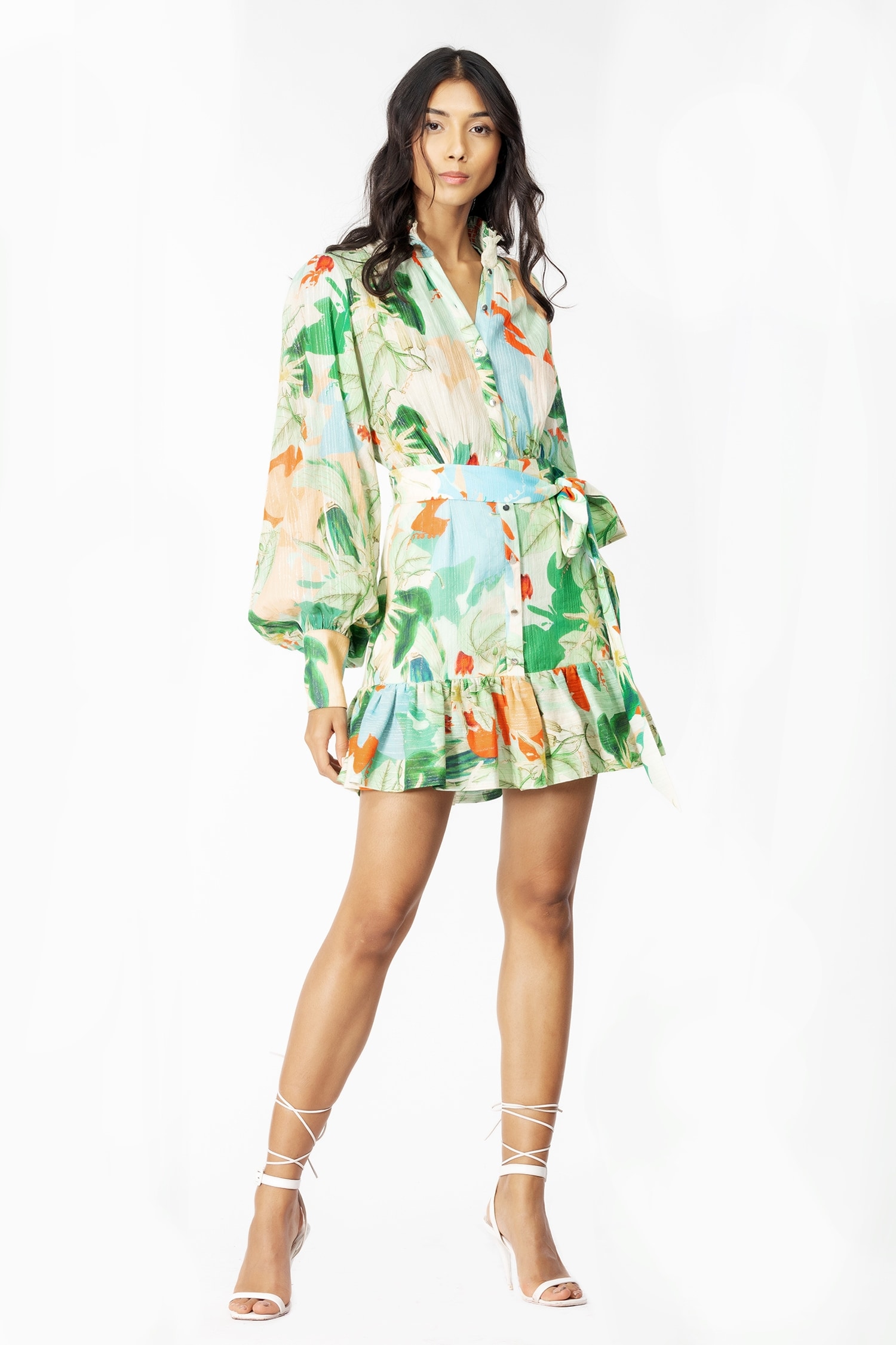 Buy Mandira Wirk Green Cotton Lurex Tropical Print Shirt Dress Online ...