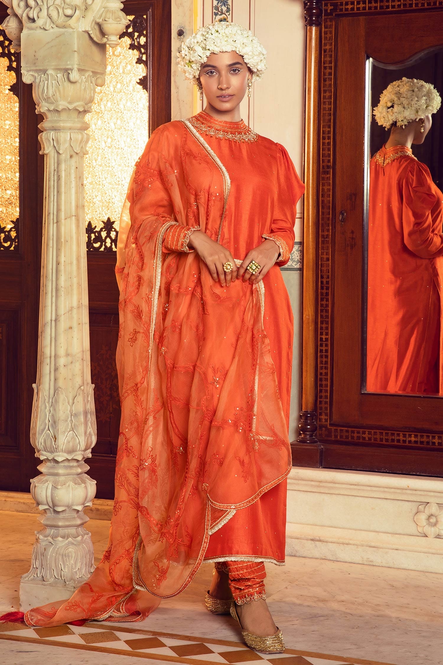 Buy Supria Munjal Orange Raw Silk Embroidered Kurta Churidar Set Online Aza Fashions