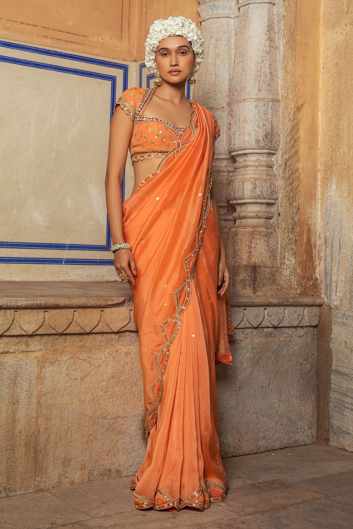 Buy Akhilam Women's Georgette Orange Printed Celebrity Saree with  Unstitched Blouse online