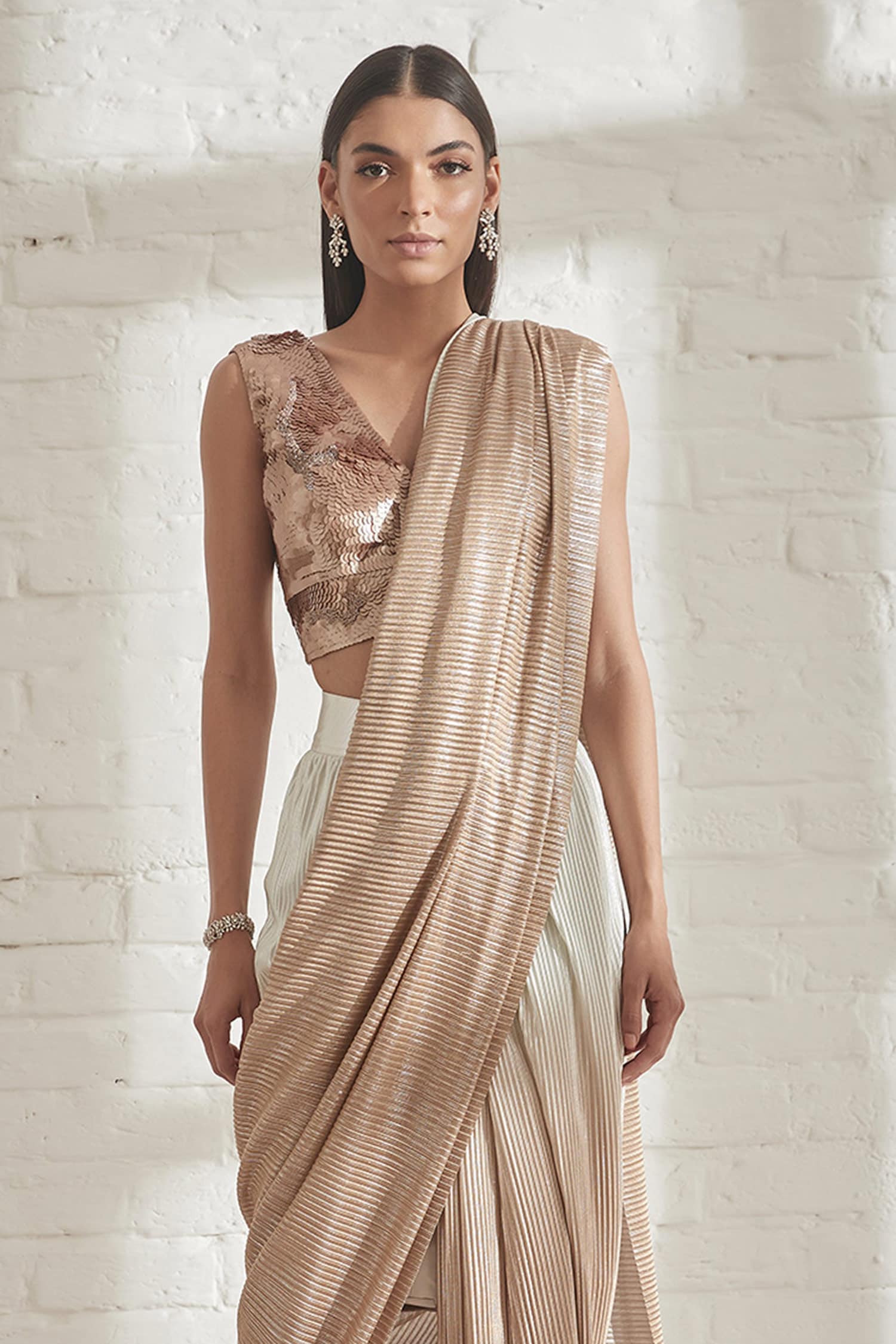 Buy PreDraped Metallic Saree with Blouse by 43188 by Shweta Kapur at