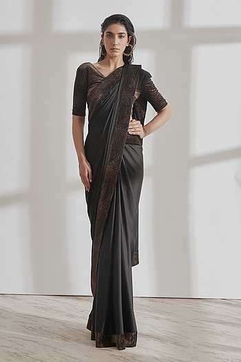 Black Pre-Draped Gold Metaillic Lycra Ruffled Off Shoulder Saree