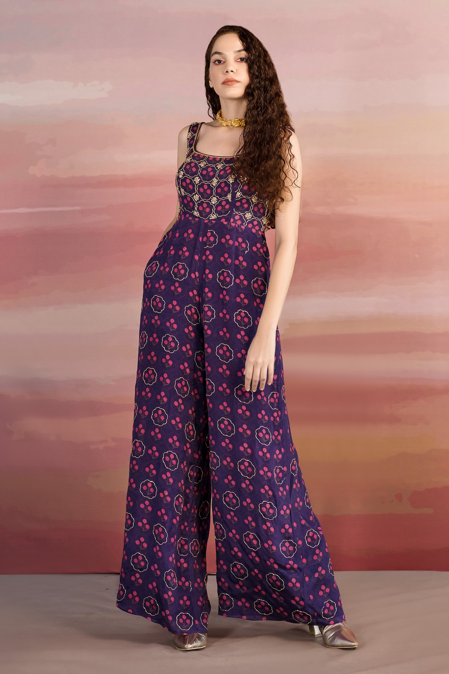 Buy Purple Georgette Embroidered Floral Scoop Print Sleeveless Jumpsuit For  Women by Ease Online at Aza Fashions.