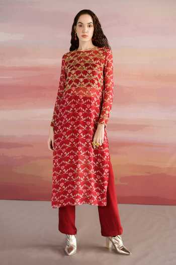 Red Printed Viscose Rayon A-Line Kurta Trousers Set