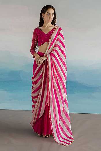 Pink Embroidered Stitched Palazzo Saree with Blouse Piece and Embellished Belt