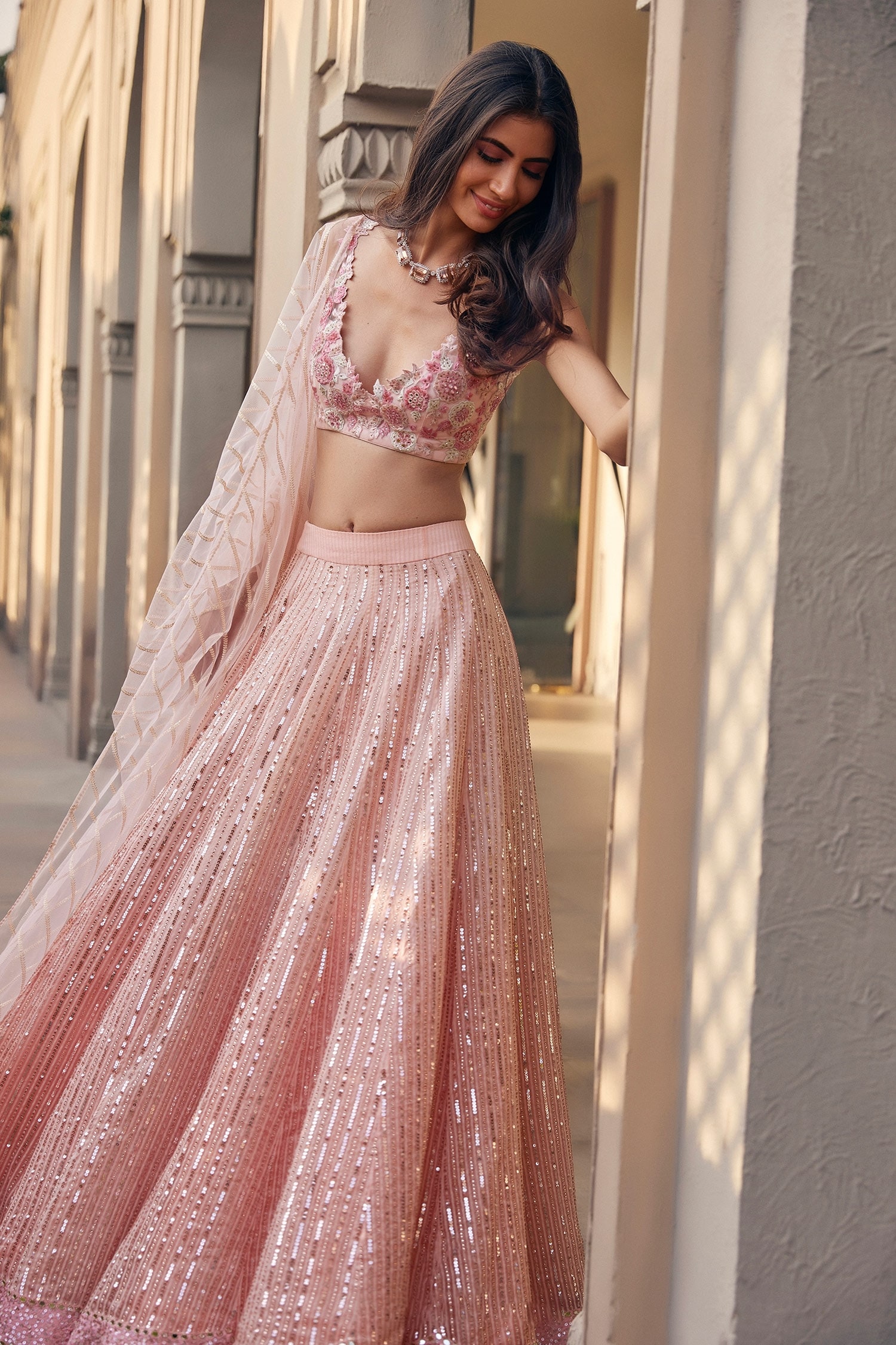 Sawan Gandhi Pink Lehenga: Handloom Organza Silk Embroidered Sequins V Neck Set For Women