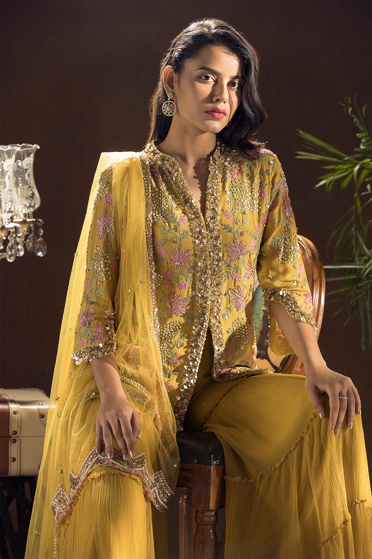 Label Sanya Gulati Yellow Crepe Embroidered Kurta Set For Women