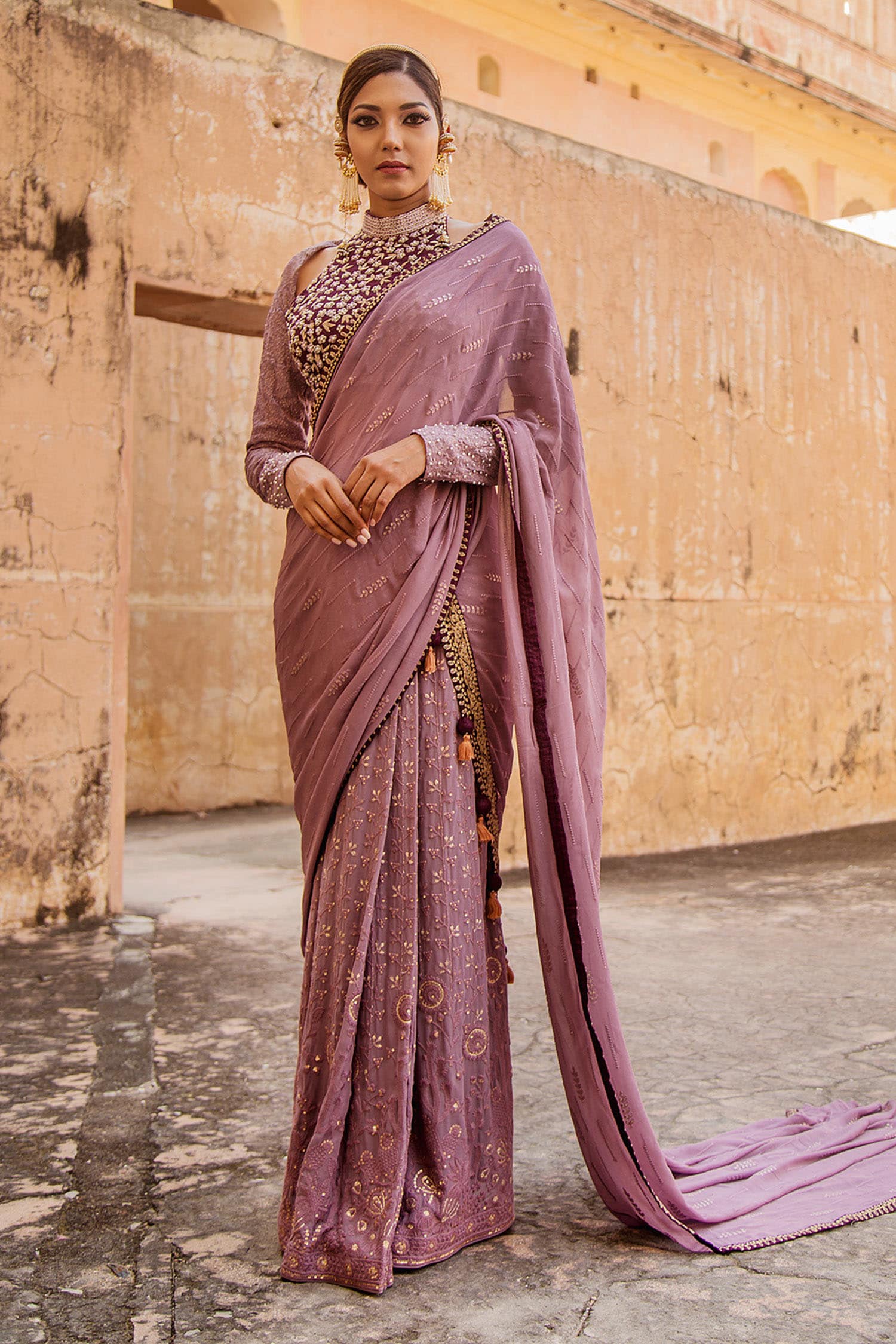 Buy Purple Lucknowi Chikankari Embroidery Halter Skirt Saree And Jacket Set  For Women by Soniya G Online at Aza Fashions.