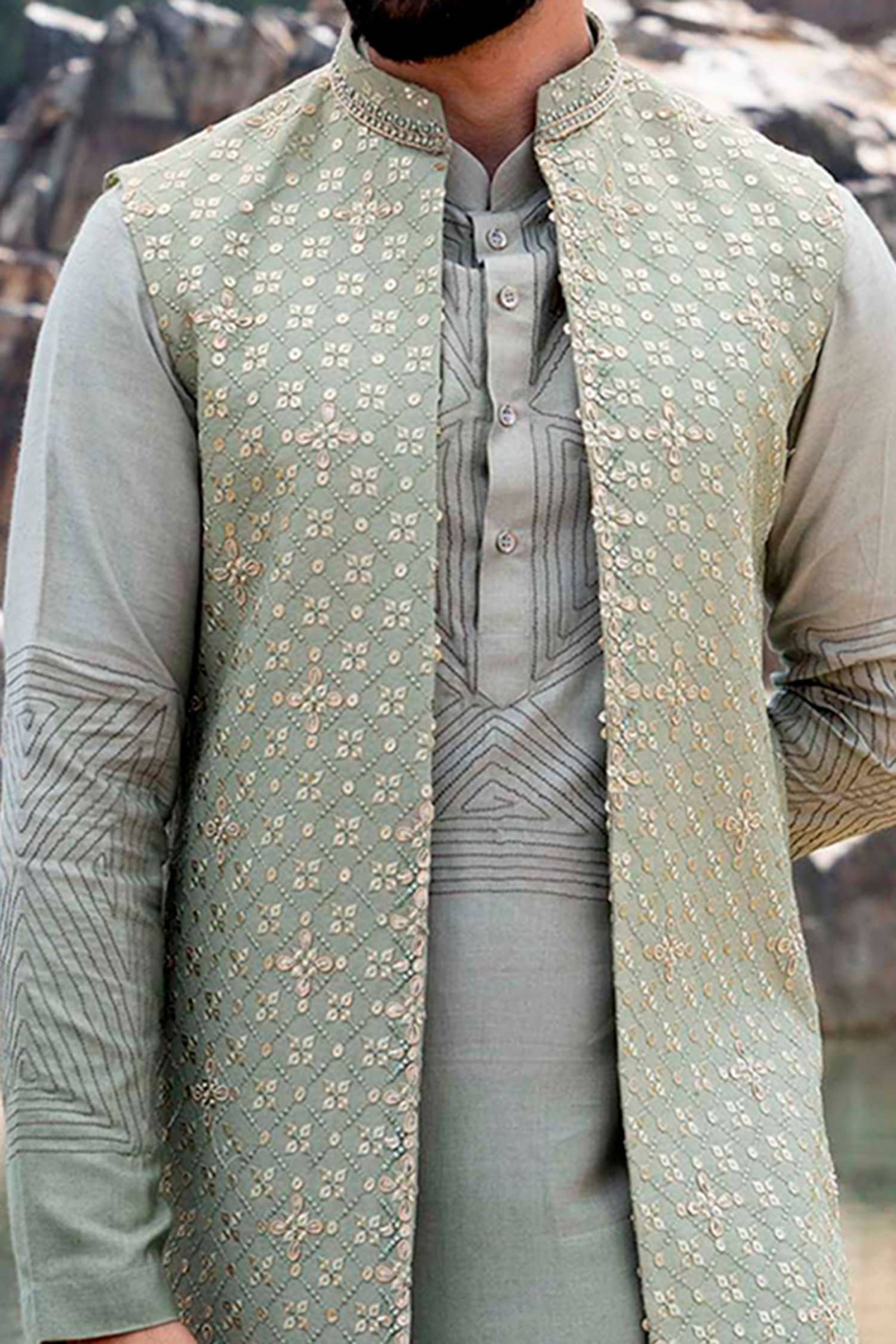 Buy Pista Green Kurta Jacket Set by Designer SONIYA.G Men Online at