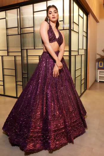 Gorgeous V Neck Top And Shimmery Lehenga With Matching Net Dupatta main image 1