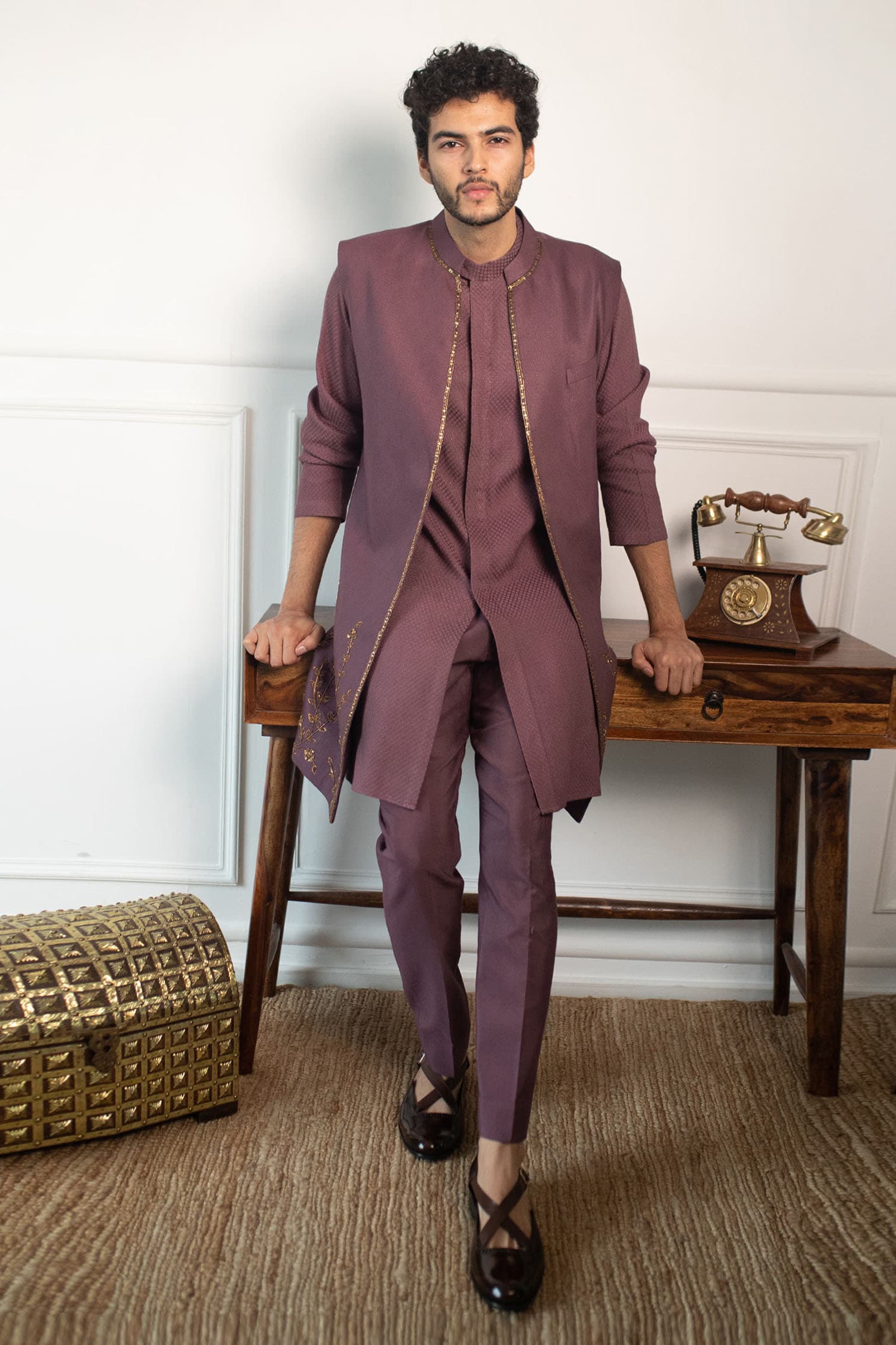 Contrast By Parth Purple Textured Jacquard Jacket And Woven Kurta Set For Men