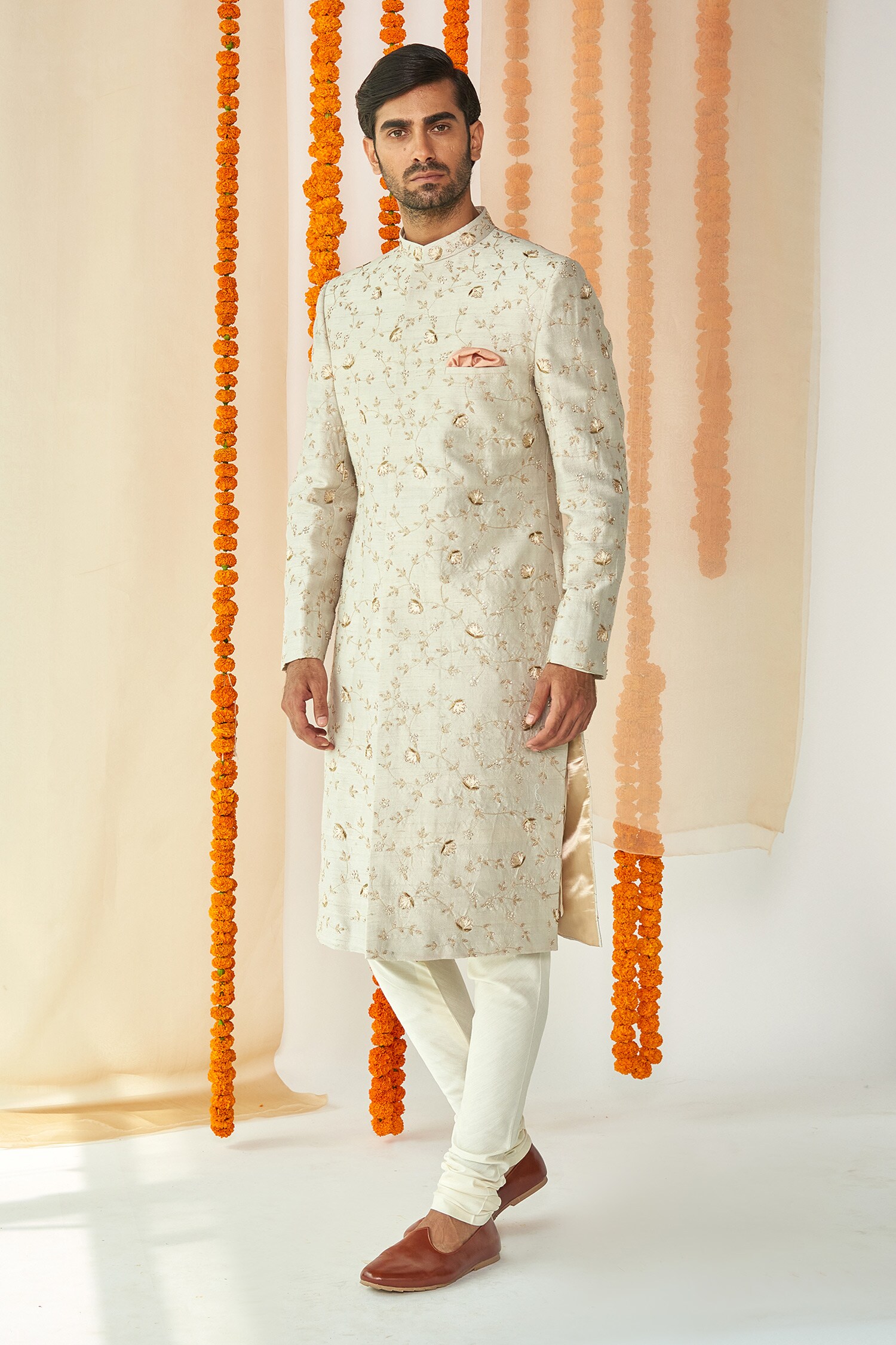 Tisa - Men Grey Viscose Polyester Embroidered Sherwani Set For Men