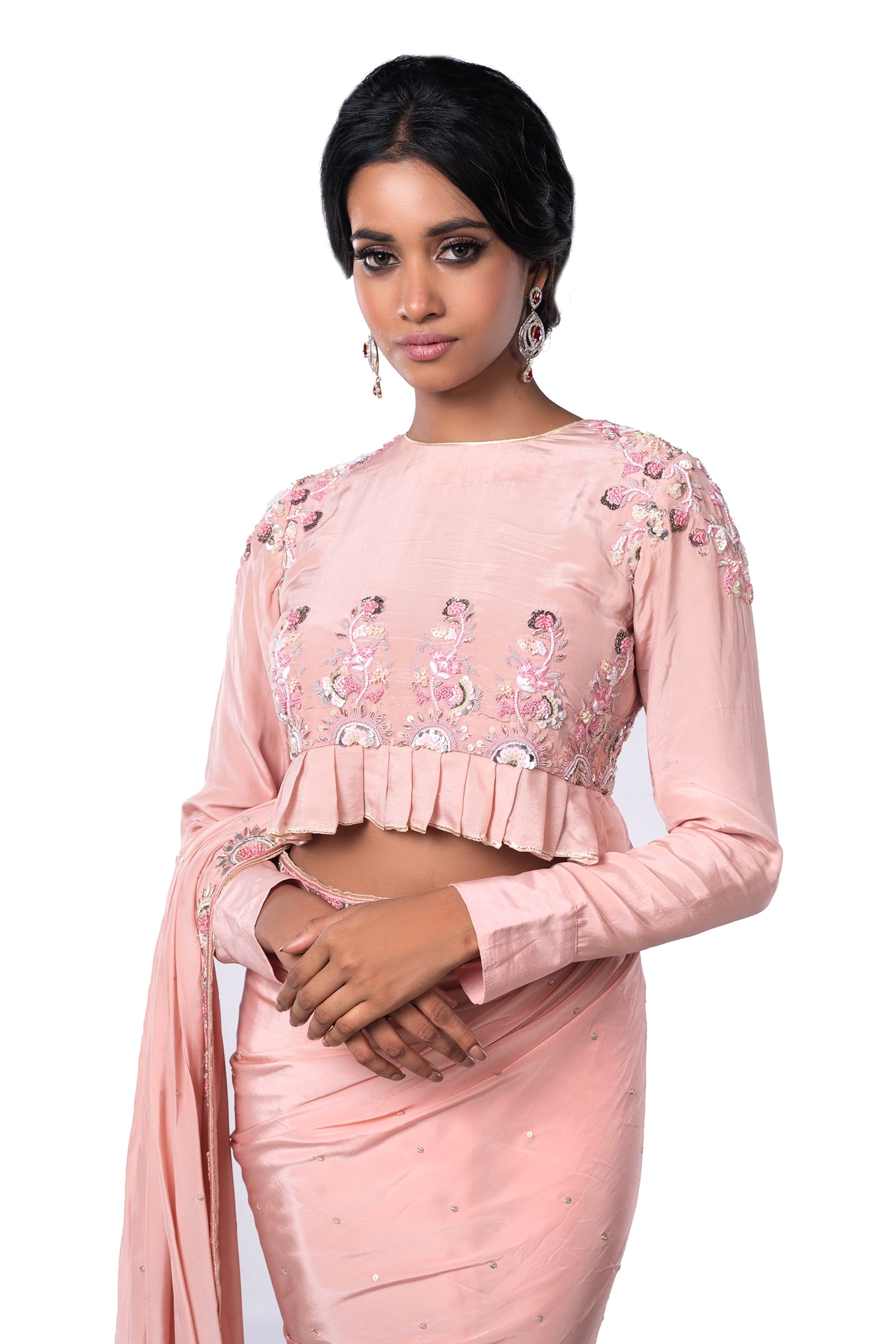 Buy Pink Crepe Embroidery Thread Round Saree With Blouse For Women by  Debarun Online at Aza Fashions.