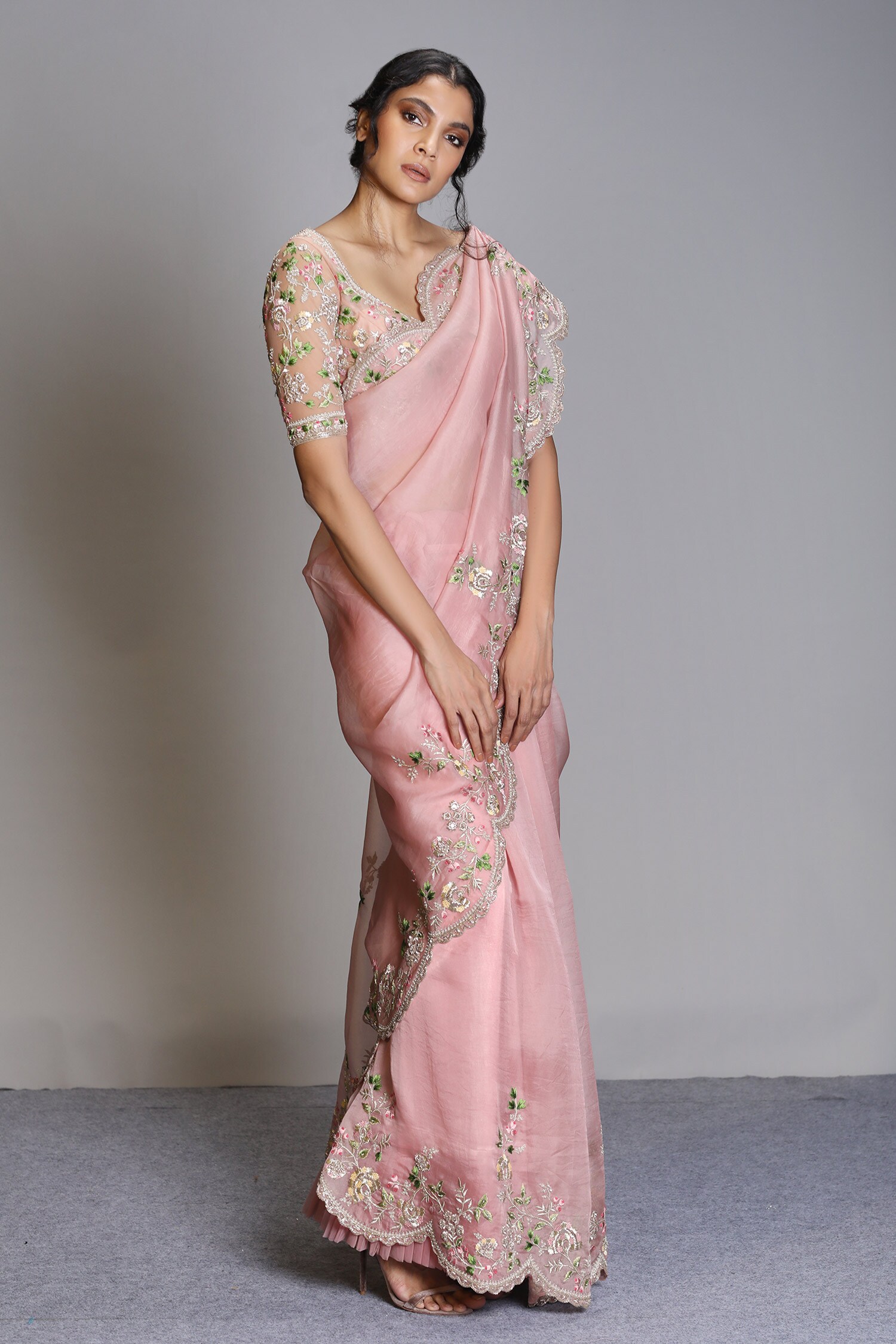 Buy Pink Organza Saree With Unstitched Blouse For Women By Anushree 