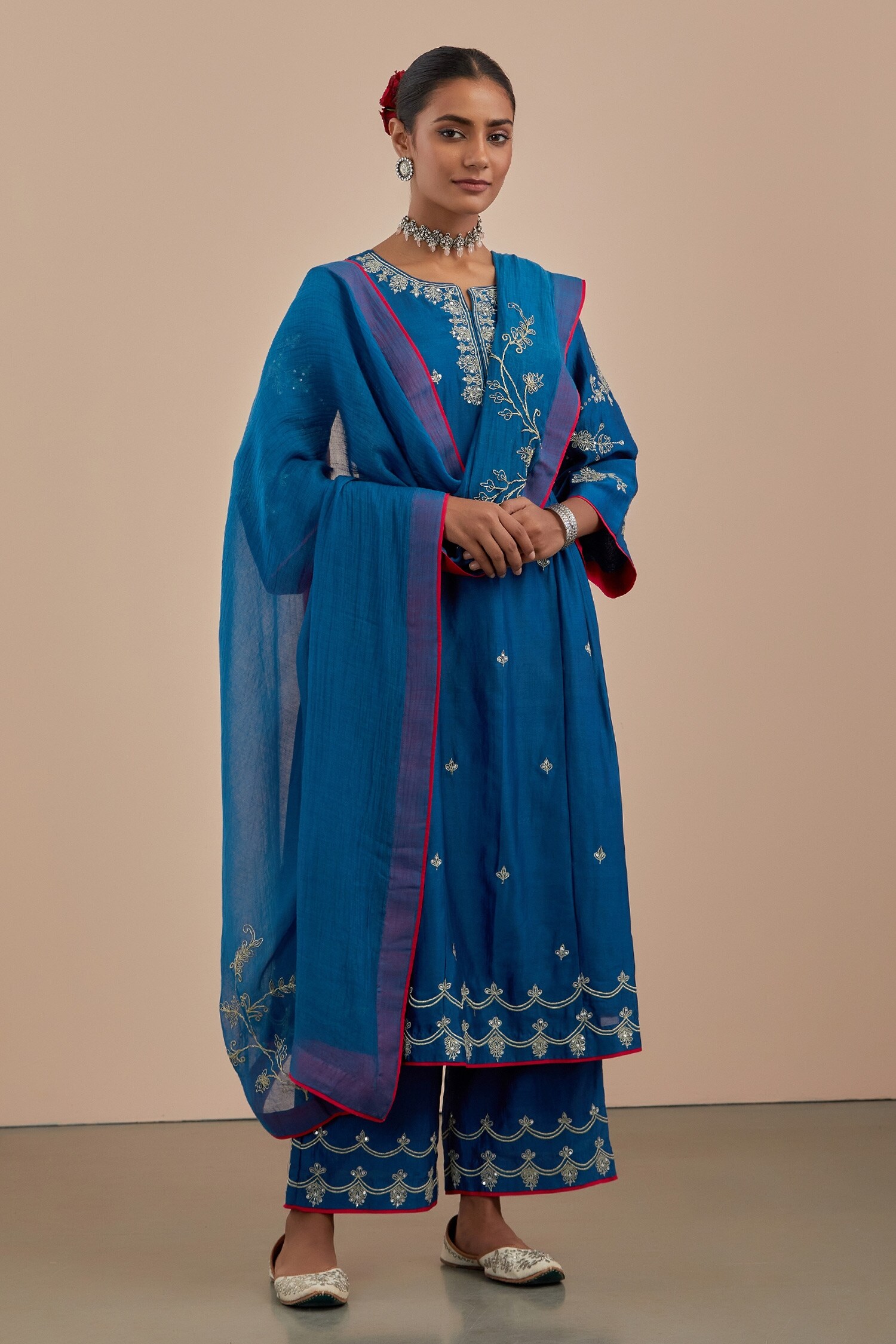 Priya Chaudhary Blue Chanderi Silk Embroidered Kurta Pant Set