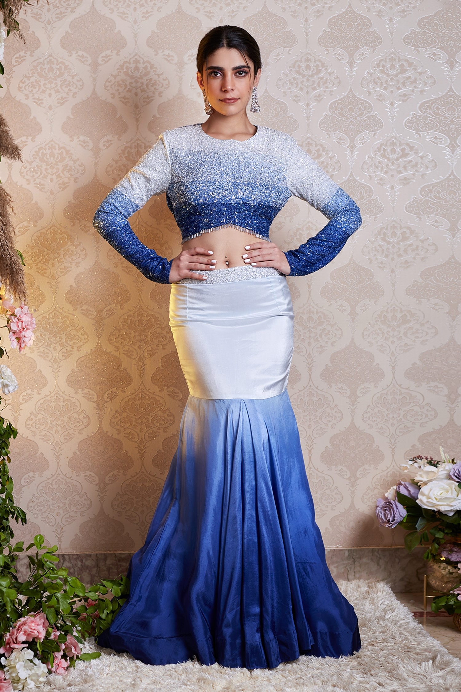 Buy Blue Silk Embroidery Sequin And Glass Beads Zayla Blouse And Skirt