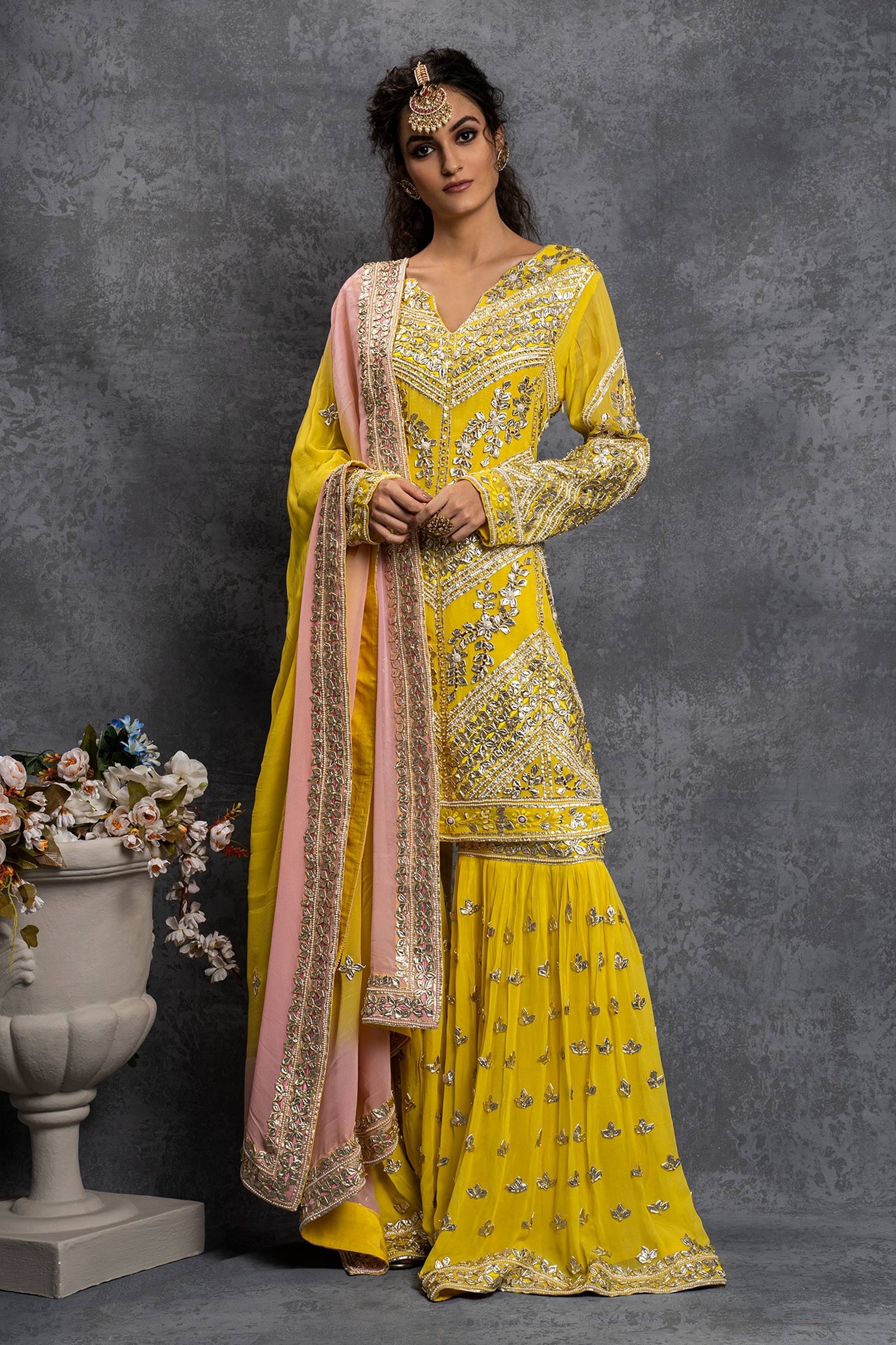 Buy Yellow Georgette Embroidered Gota Notched Kurta Gharara Set For ...