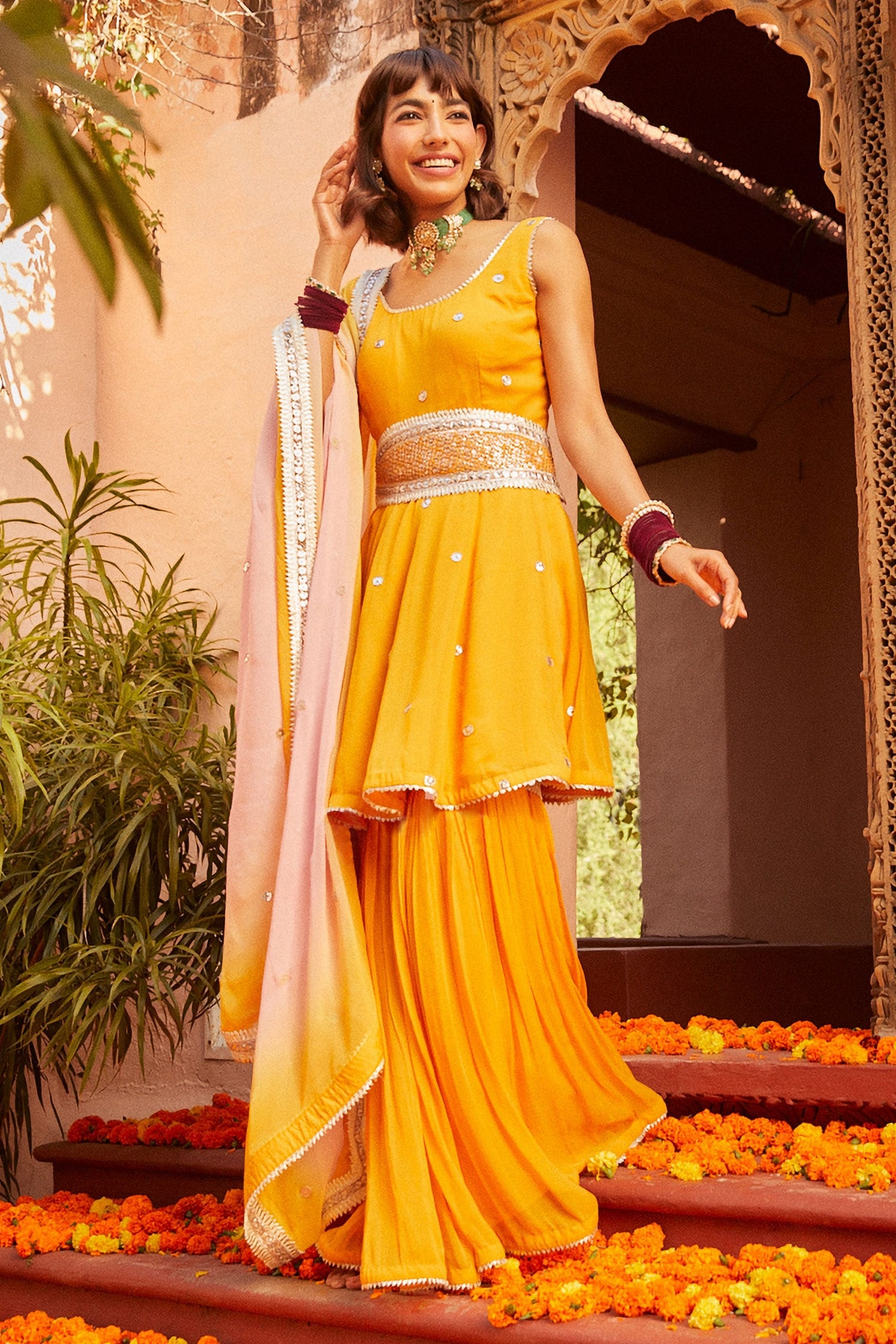 Buy Mandira Wirk Yellow Crinkled Cotton Embroidered Sharara Pants Online |  Aza Fashions