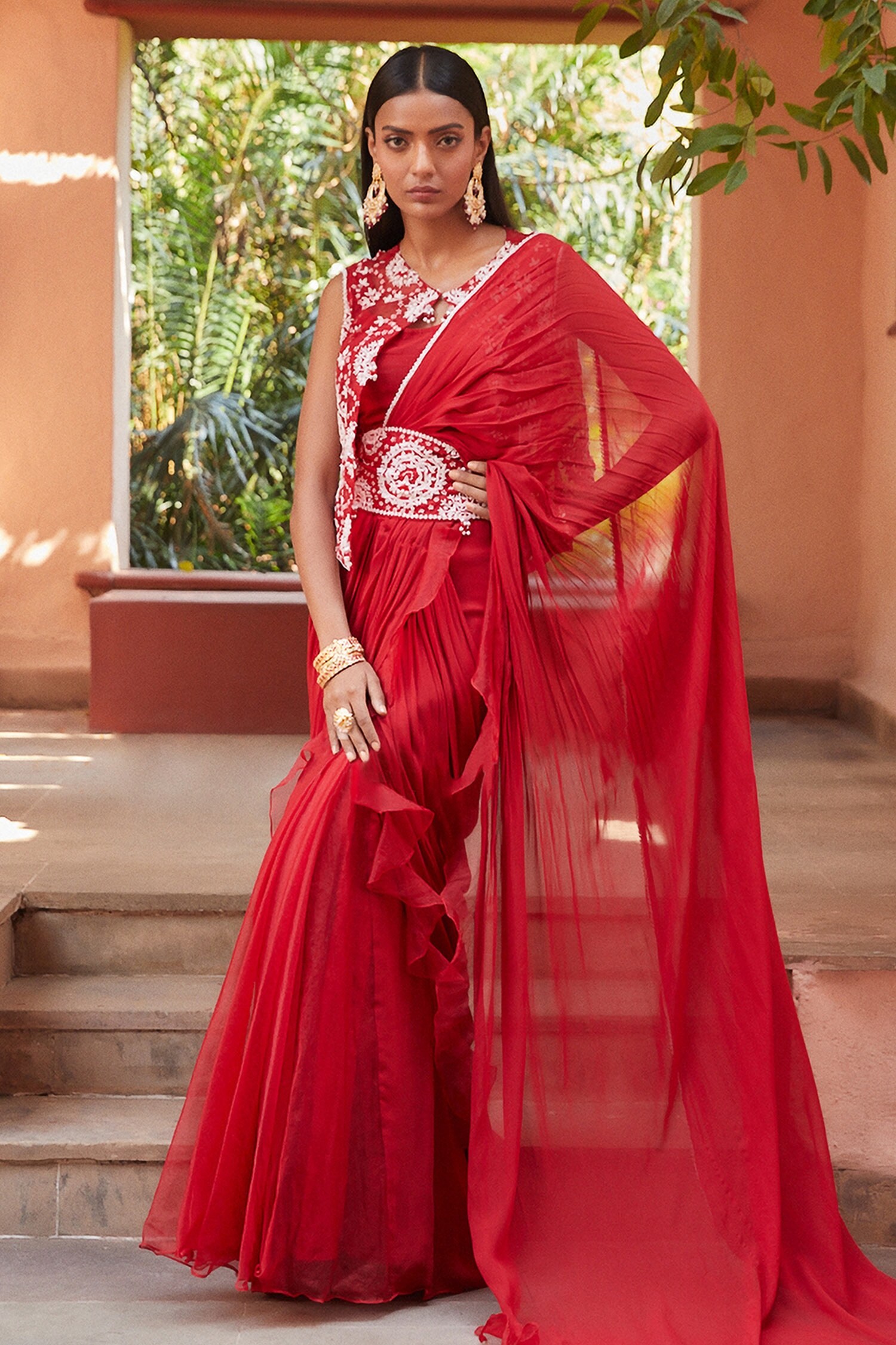 Rusty Red Ruffle Embroidered Georgette Drape Saree