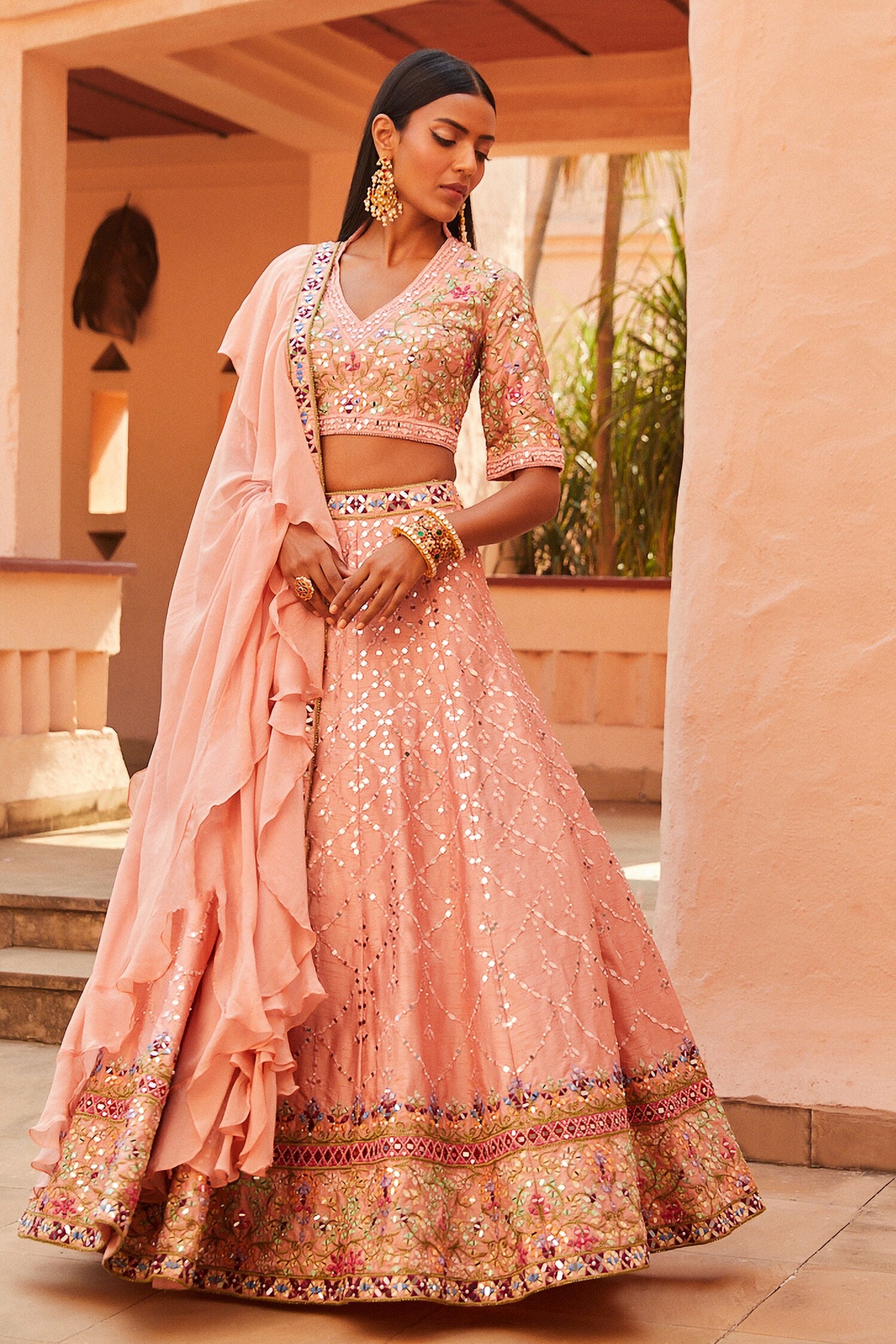 Buy Shian Pink Dupion Silk Mirror Embroidered Lehenga Set Online Aza