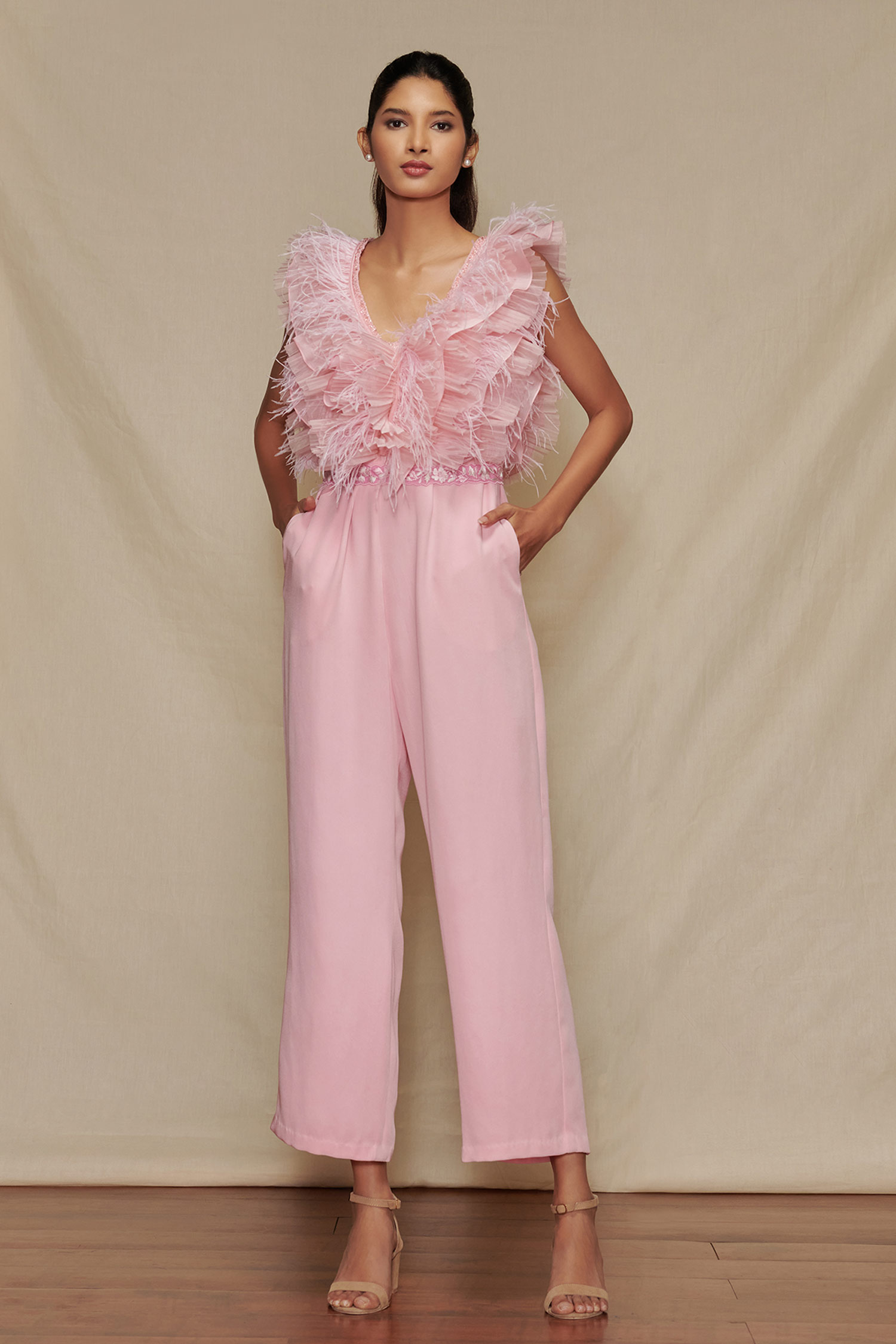 Buy Pink Crepe Embellished Feathers V Neck Jumpsuit For Women by Shriya