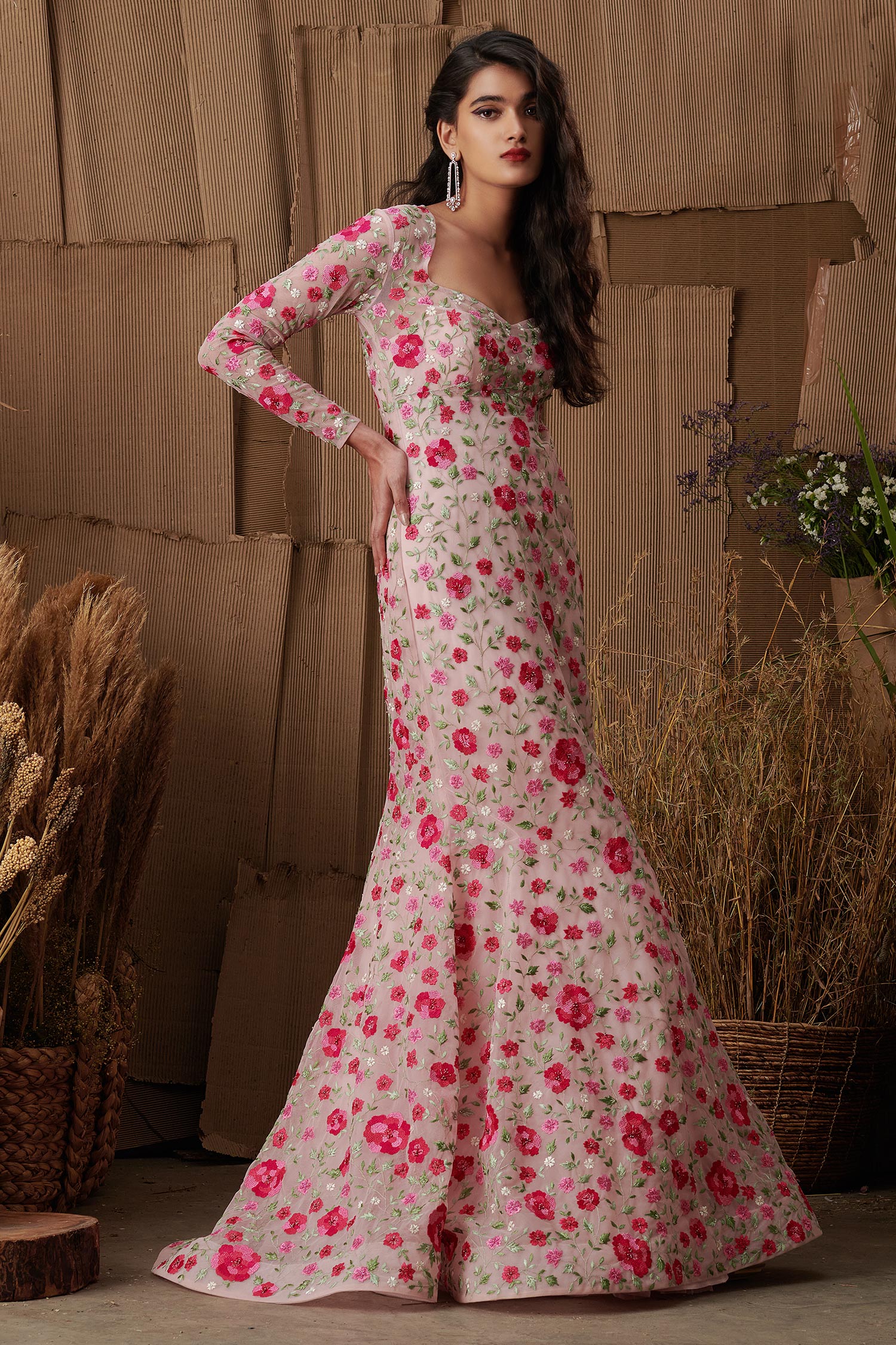 Buy Pink floral embellished gown Designer Wear  Ensemble