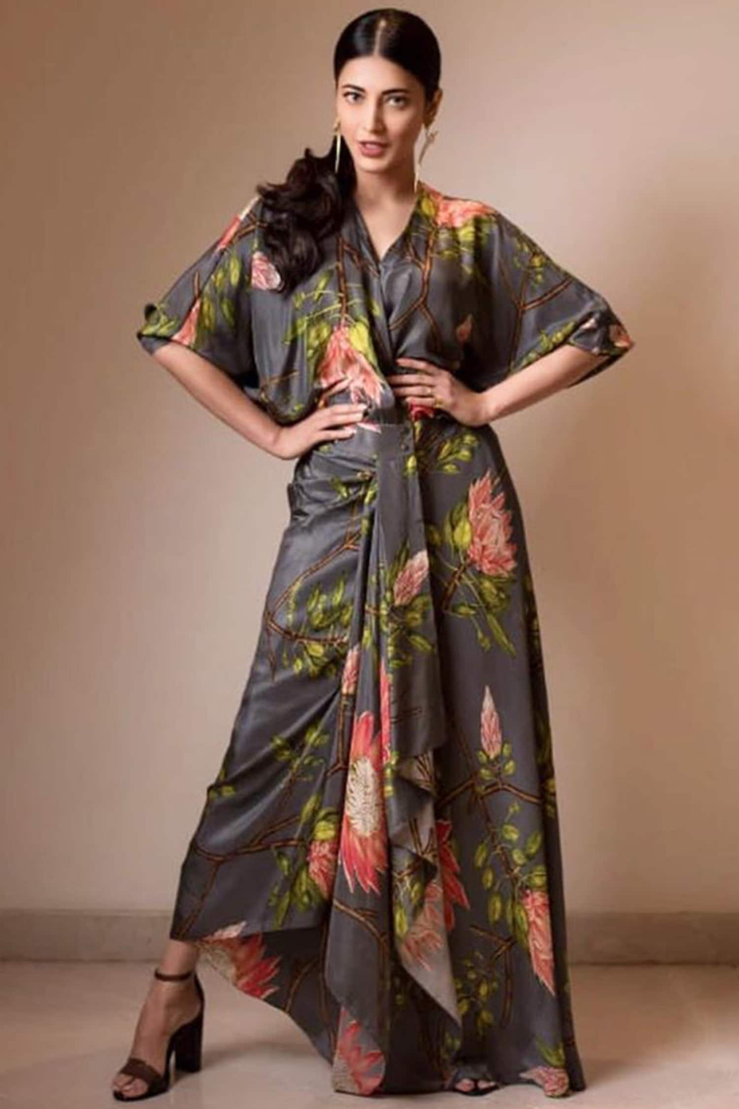 Buy Grey Crepe V Neck Printed Kimono Dress For Women by Nupur Kanoi